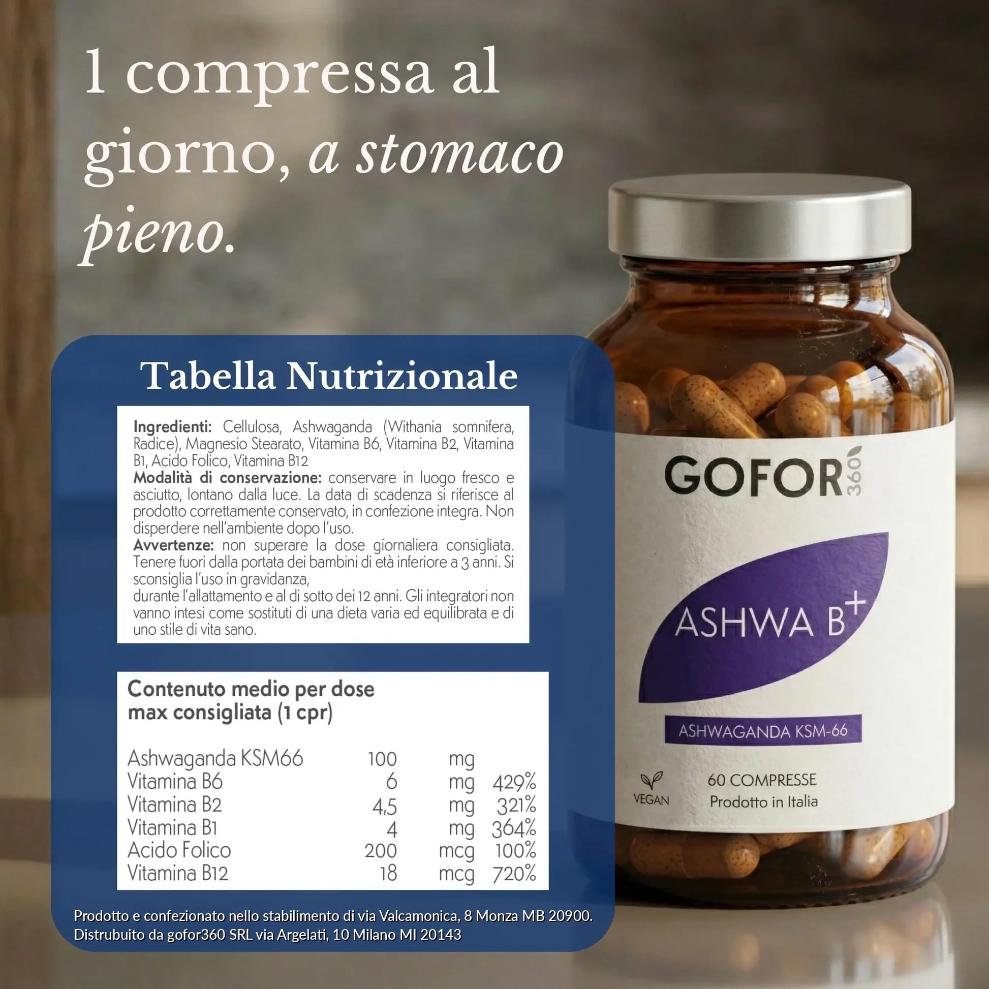 GOFOR360 Ashwa-B+ Ashwagandha KSM-66 Brevettata + 5 Vitamine del Gruppo B Alto Dosaggio | Integratore Stress, Energia e Lucidità Mentale | 60 Compresse 2 Mesi | Made in Italy