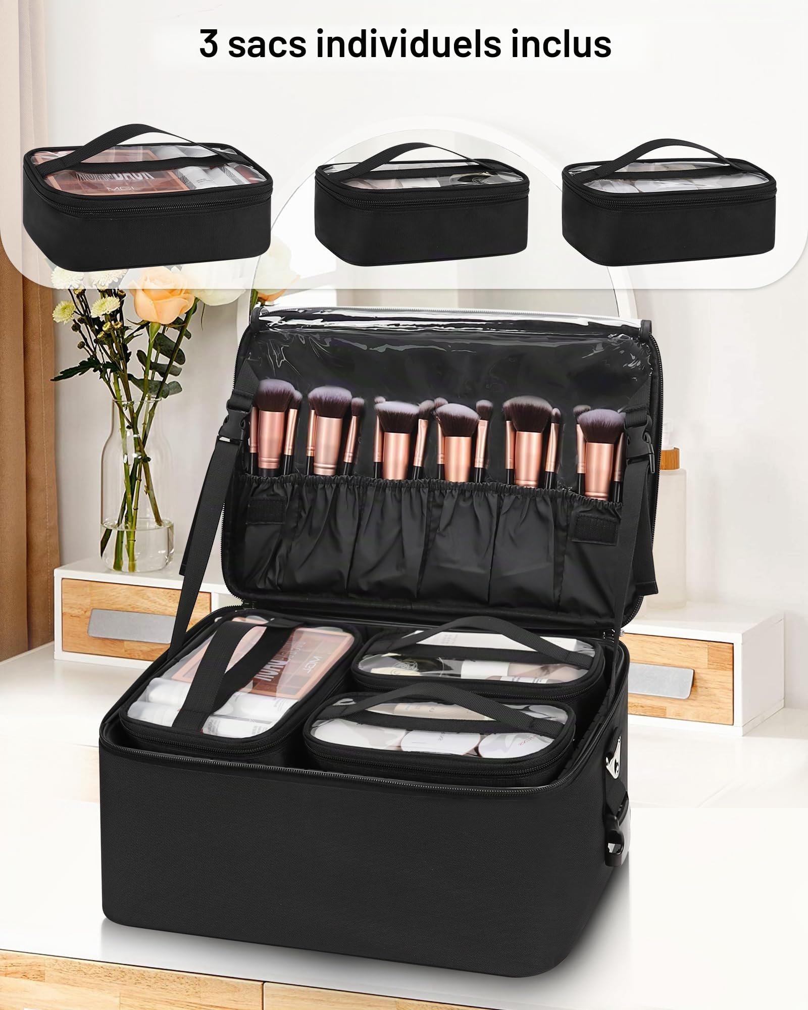 Grande trousse de maquillage professionnelle avec 3 organiseurs de rangement et plaque à lèvres pour artiste de maquillage avec bandoulière, Noir , A Set