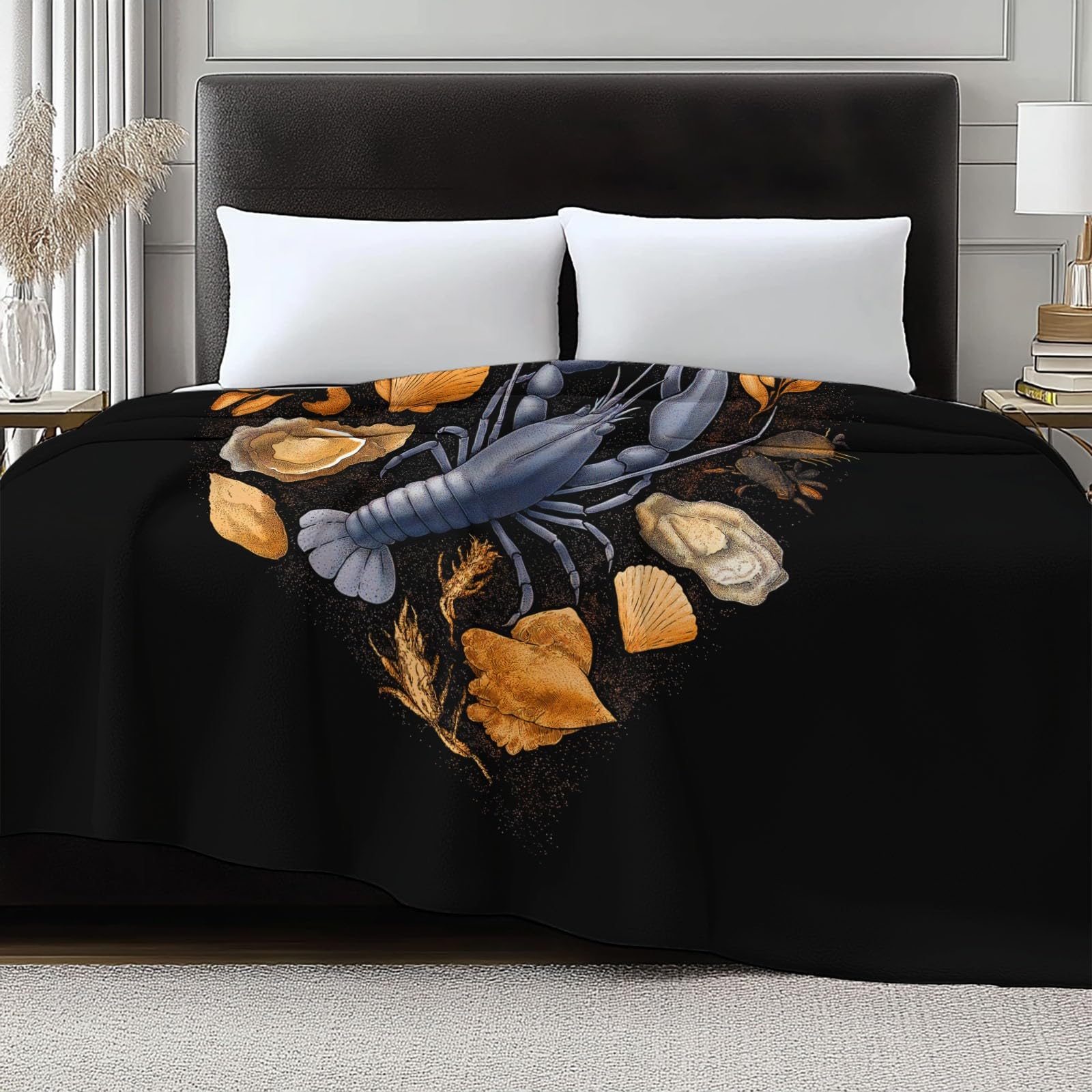 Ciepły flanelowy, ręcznie rysowany koc typu sherpa, z krabem homara, ostryga, 221 x 240 cm, miękki, przytulny, czarny, pluszowy, flanelowy, 220 x 240 cm, dla dziewcząt, dzieci, dorosłych, na kanapę