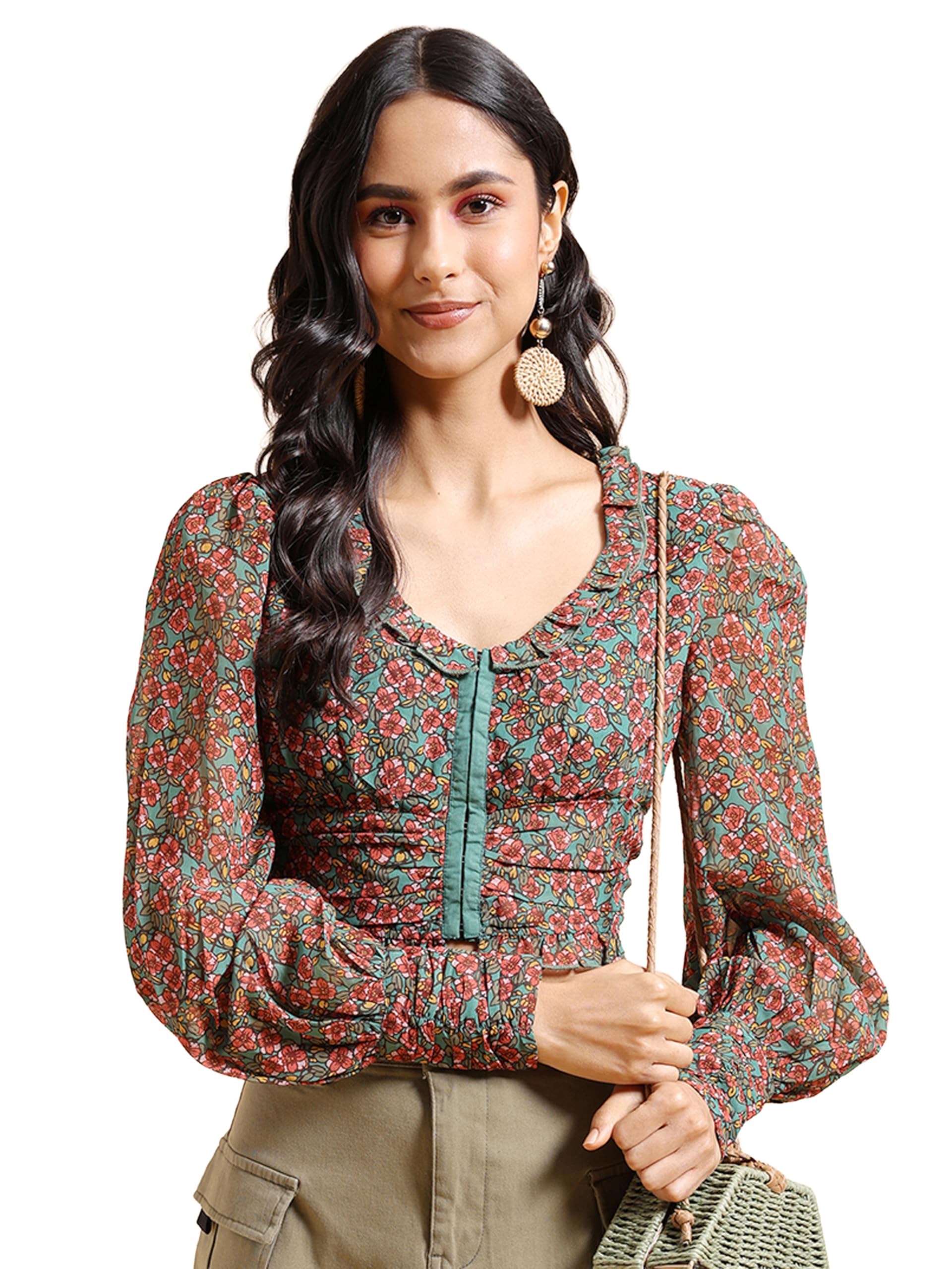 tokyo talkies Women's Floral Printed V-Neck Top | Cuffed Sleeves | Elegant & Feminine | Perfect for Work & Casual Chic | Tops for Woman | Women Tops | Women Crop Top-picture-58