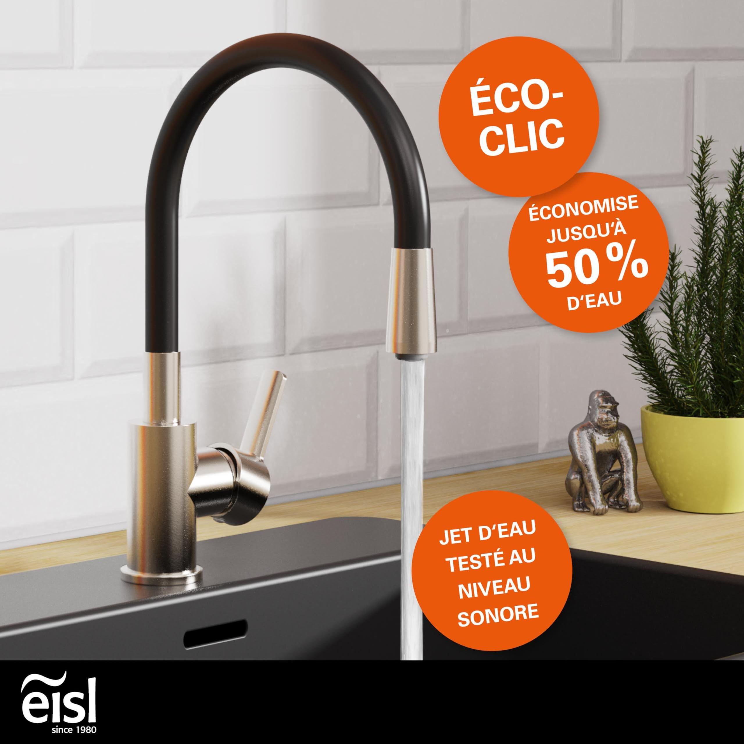 EISL Flexo NI186FLNIB Robinet d'évier de cuisine flexible en acier inoxydable/noir, bec haut avec tuyau doux au toucher, orientable à 360 degrés, économie d'eau