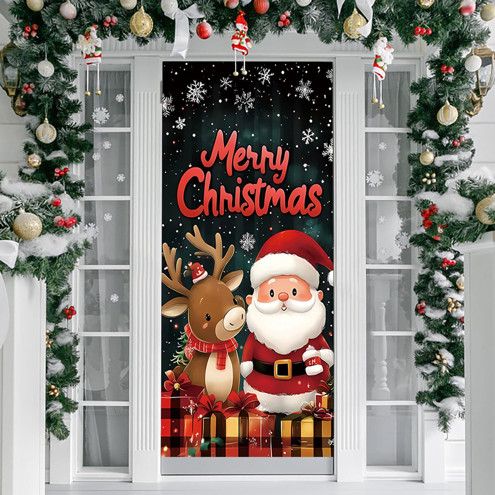 Christmas Door Cover Decoration, Christmas Door Hanging Banner, Santa Claus Background, for Home Front Door Holiday Christmas Decoration (C)