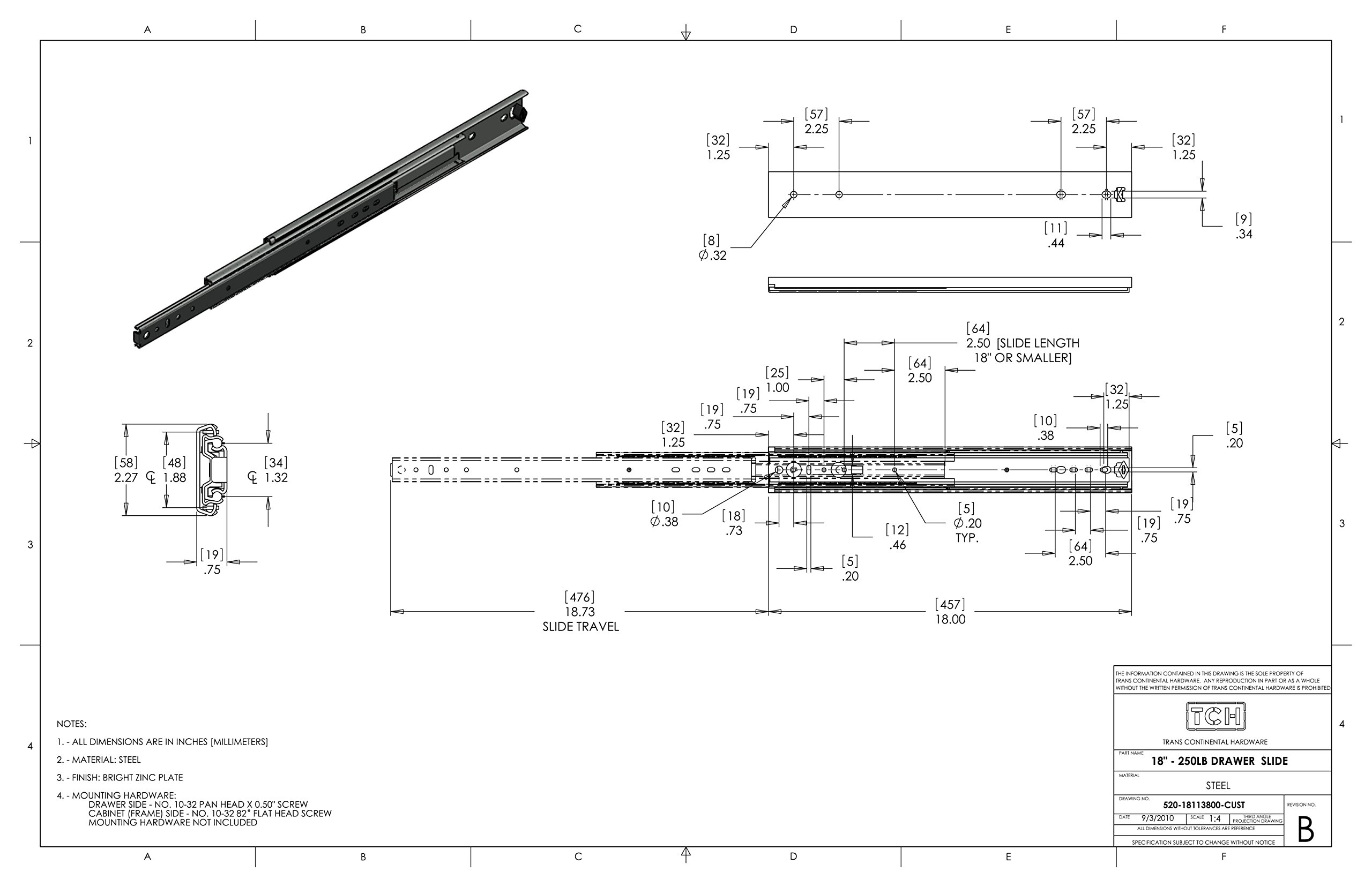 TCH Hardware 18 Inch Heavy Duty 250 lb Steel Drawer Slides - 3/4