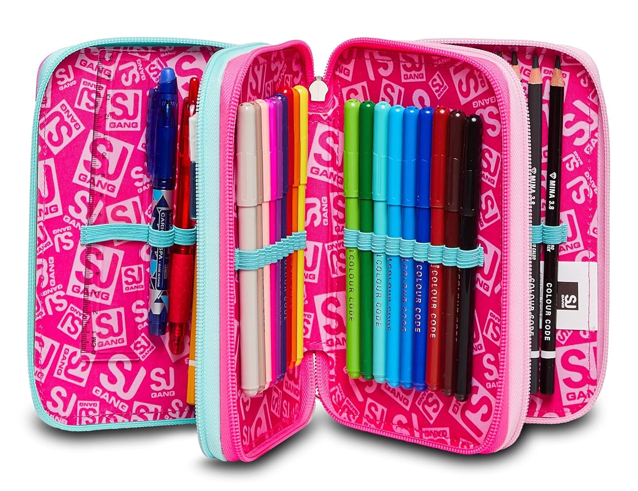 Astuccio Scuola SJ Gang 3 Scomparti Rosa Con 45 Accessori - Portapenne Completo Per Bambine