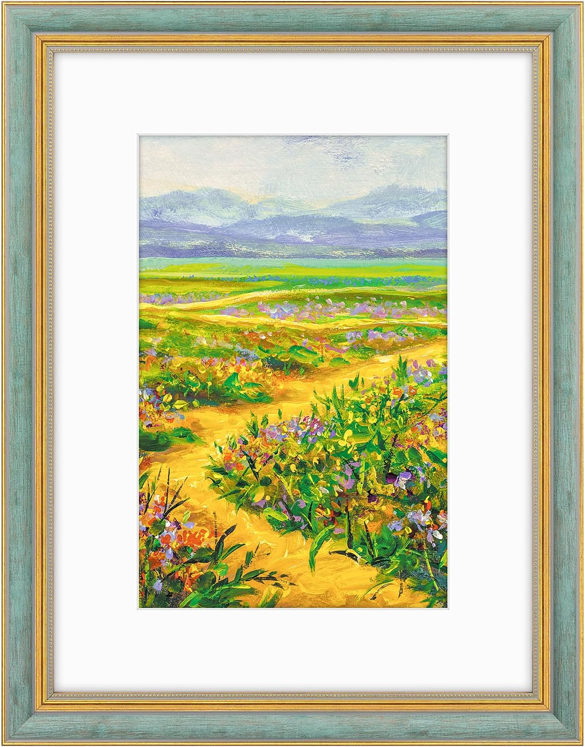 golden state art,12x16 ornate picture frame with white mat for 8x12 photo or display 12x16 print without mat color distressed blue gold (plexiglass front) 12x16 distressed blue gold