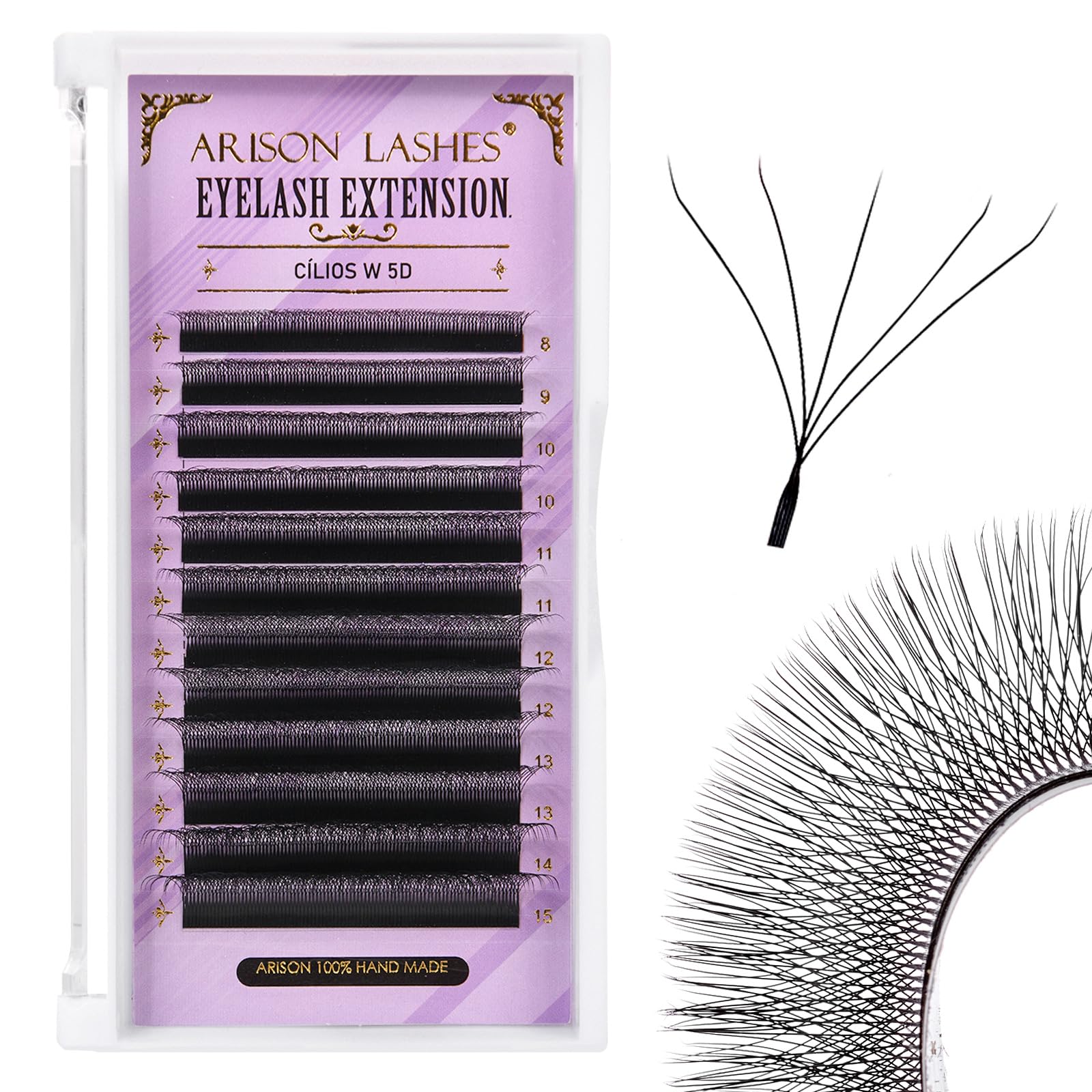 Arison Lashes 5D W Shape Eyelash Extension Natural Soft Volume Premade Fans Faux Mink Matte Black Cluster 12