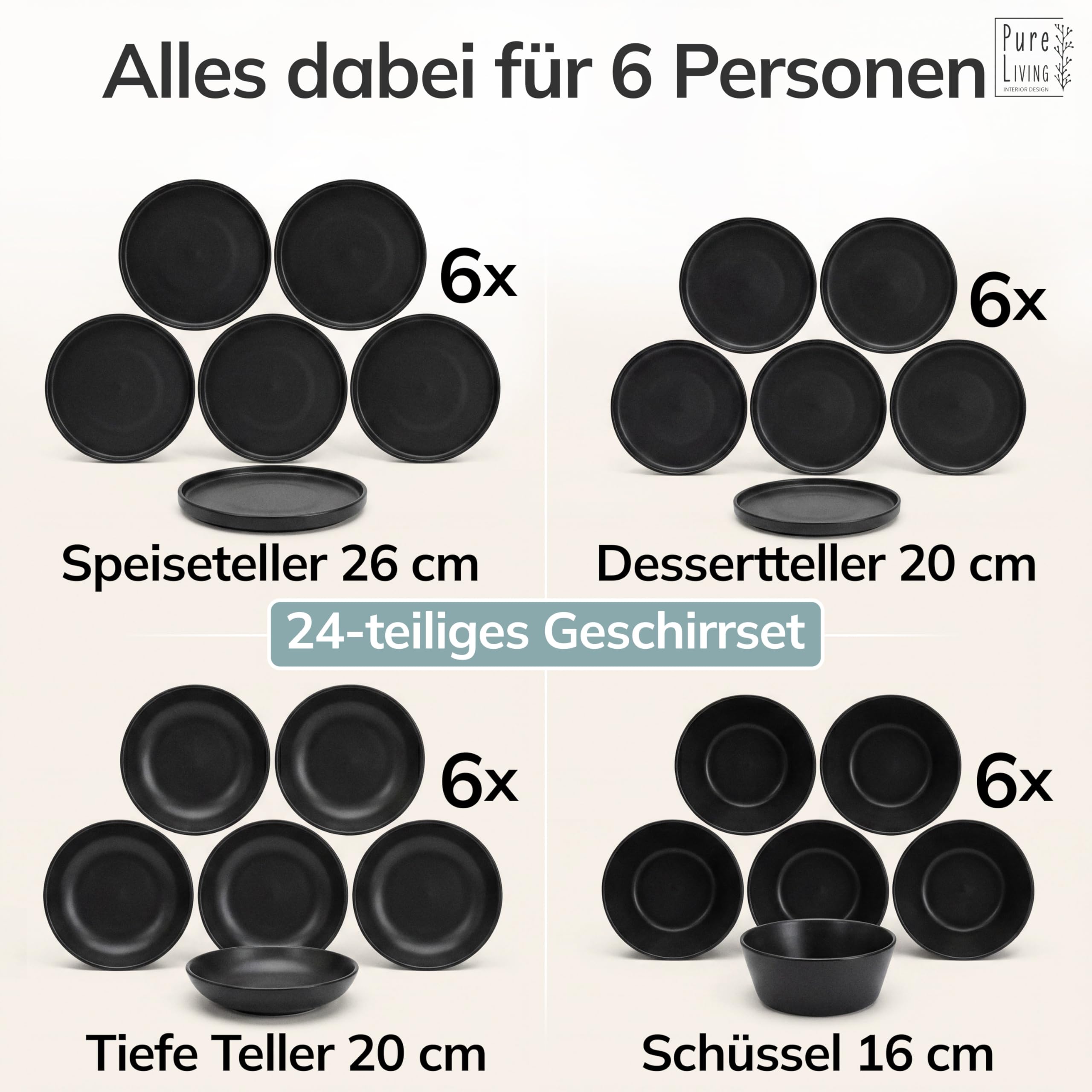 Steingut Geschirrset 6 Personen Manhattan 24-tlg. TESTSIEGER, Cooles Urbanes Steingut Geschirr Set, Schüssel- und Teller Set, Tafelservice 6 Personen, Geschirrsets Pure Living in matt Schwarz