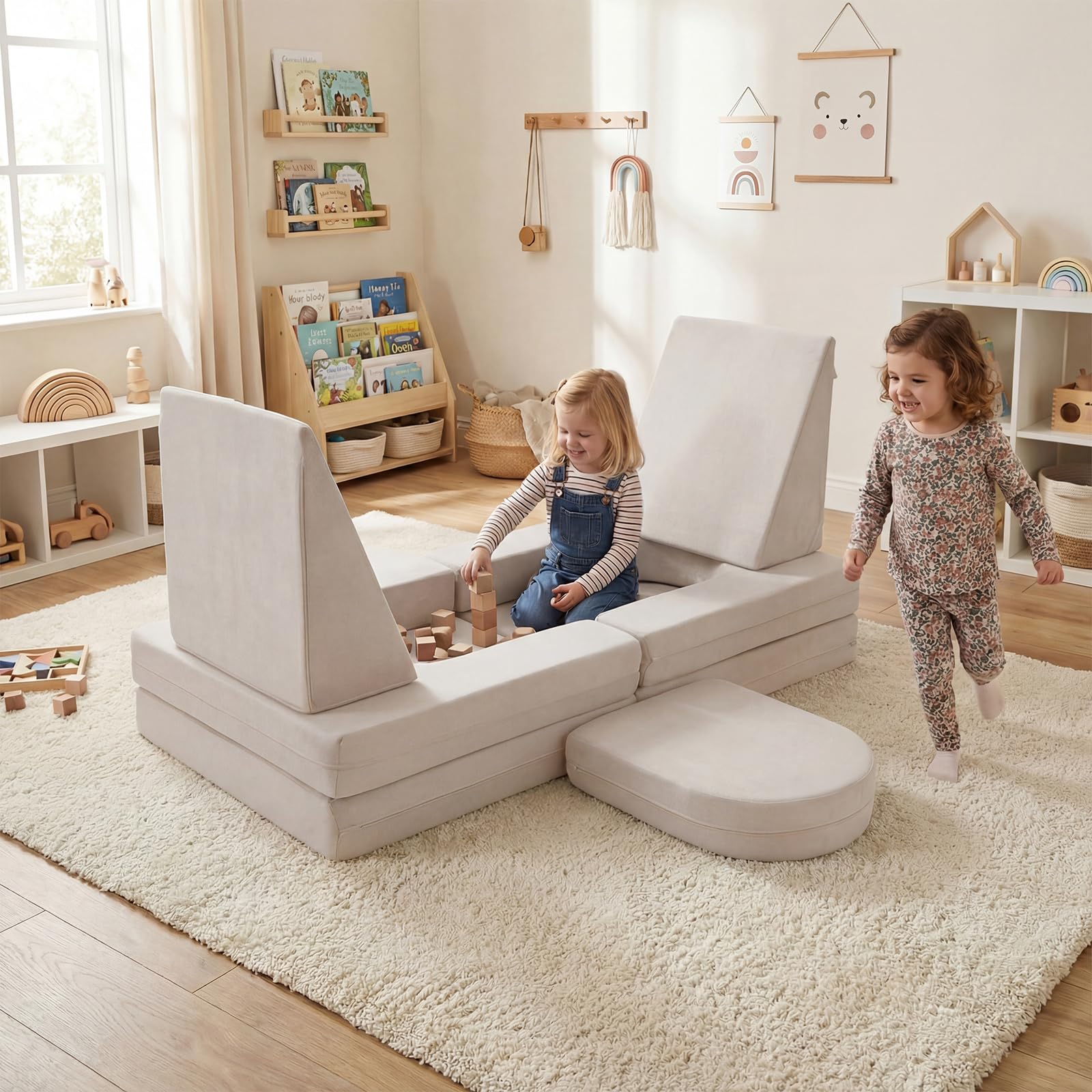 COSTWAY 10-teiliges modulares Spielsofa, Kindersofa ausklappbar mit abnehmbarem & waschbarem Bezug aus Wildleder, Schaumstoff Bausteine für Kinderzimmer, Kindercouch für Kinder ab 3 Jahren (Beige)