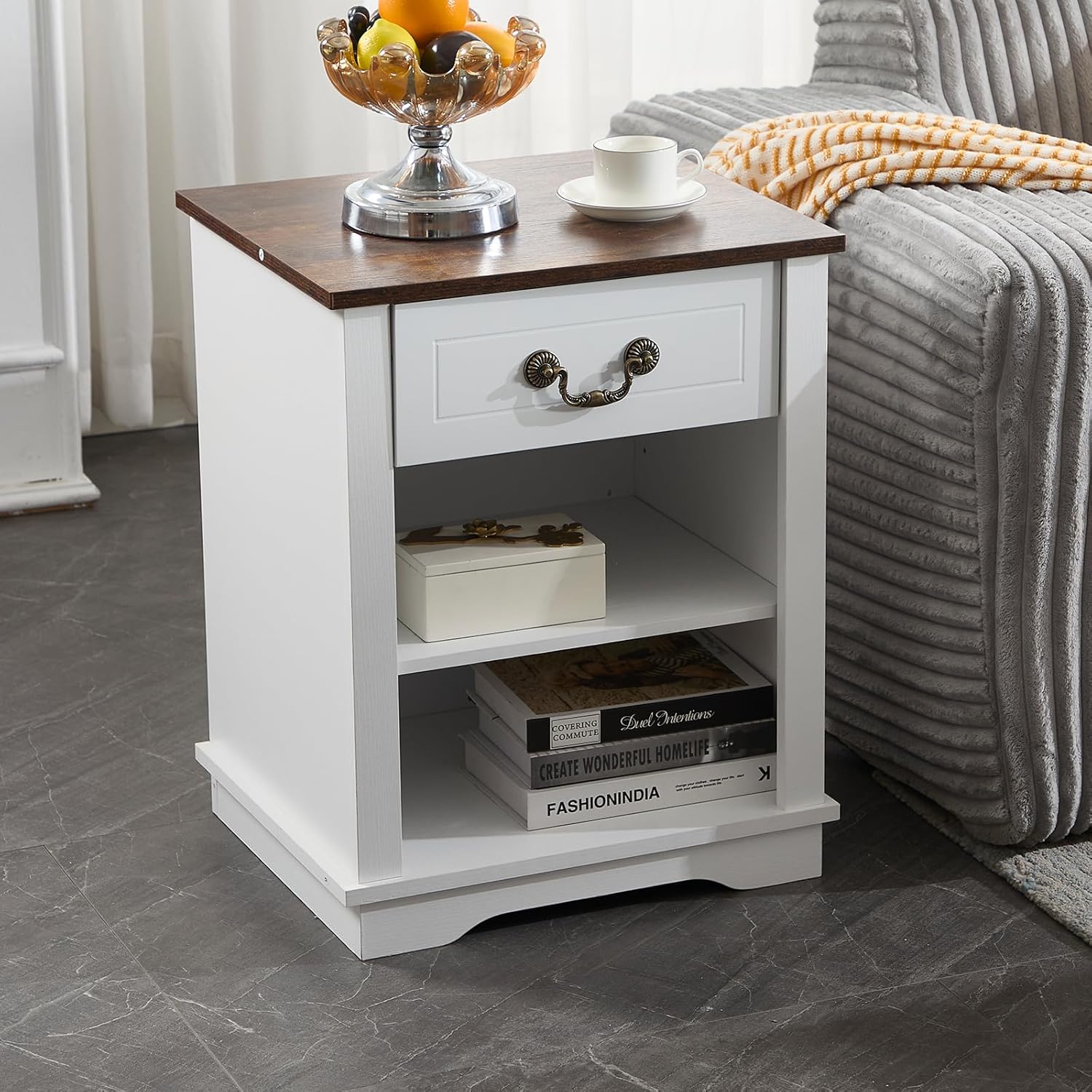 Kmax Farmhouse Nightstand with Drawer, 19" End Table Dresser Rustic White Bed Side Table End Tables with Adjustable Shelf for Bedroom Living Room, Brown Top