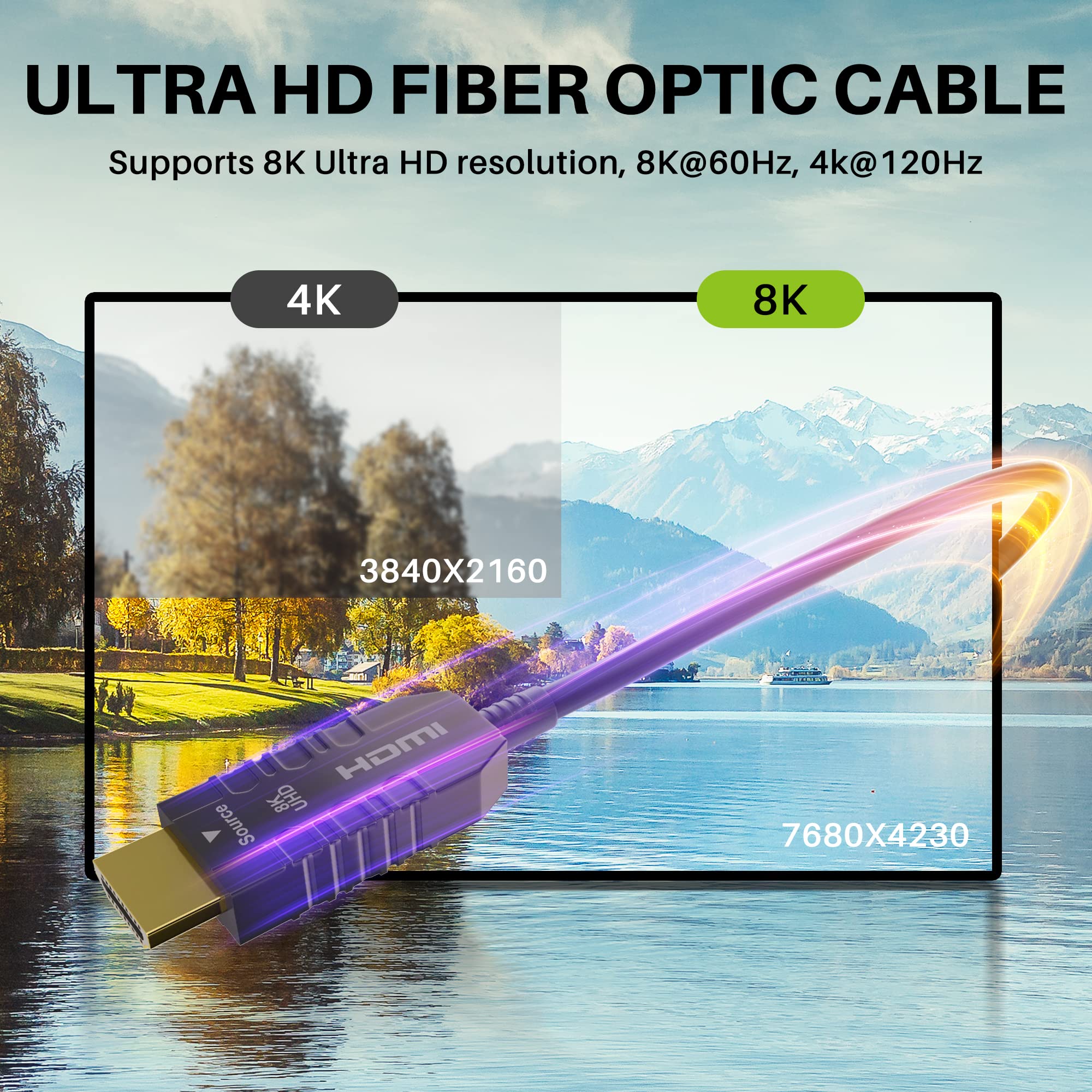 Cable HDMI® de fibra óptica 8K certificado de 50 pies, cable HDMI real, Ultra HD, 48 Gbps, soporta 8K a 60Hz, 4K a 120Hz, 2K a 144Hz, HDR, HDCP 2.2 y 2.3, Dolby, eARC para Xbox, Series X, portátil,