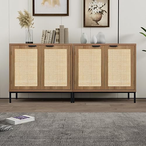 Miniatura 4 de Anmytek Armario de almacenamiento rústico de roble con 2 puertas de ratán, aparador de madera natural de mediados de siglo con almacenamiento para