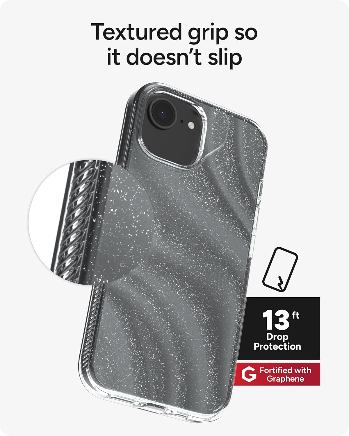 ZAGG Milan Case for iPhone 17e/ 16e/ 15/14/ 13 – Stylish & Slim Design, 13ft Drop Protection, Wireless Charging Compatible, Eco-Friendly,Glitter Swirl Silver