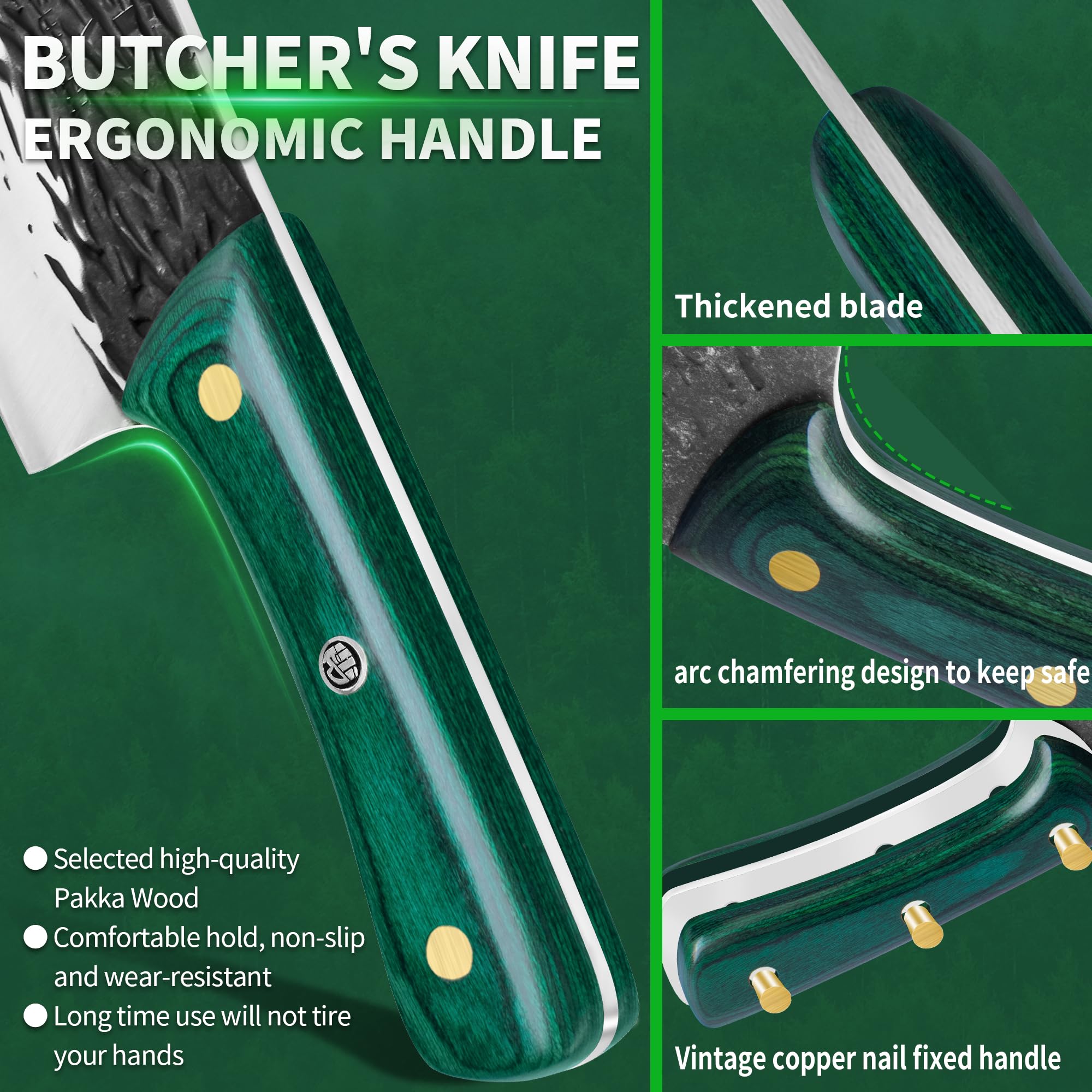 FULLHI Cuchillo de Carne con Mango de Madera y Funda, Cuchillo de Cocina de Acero al Carbono para Cortar Carne, Cocina al Aire Libre, Camping Barbacoa (Verde, 17cm)
