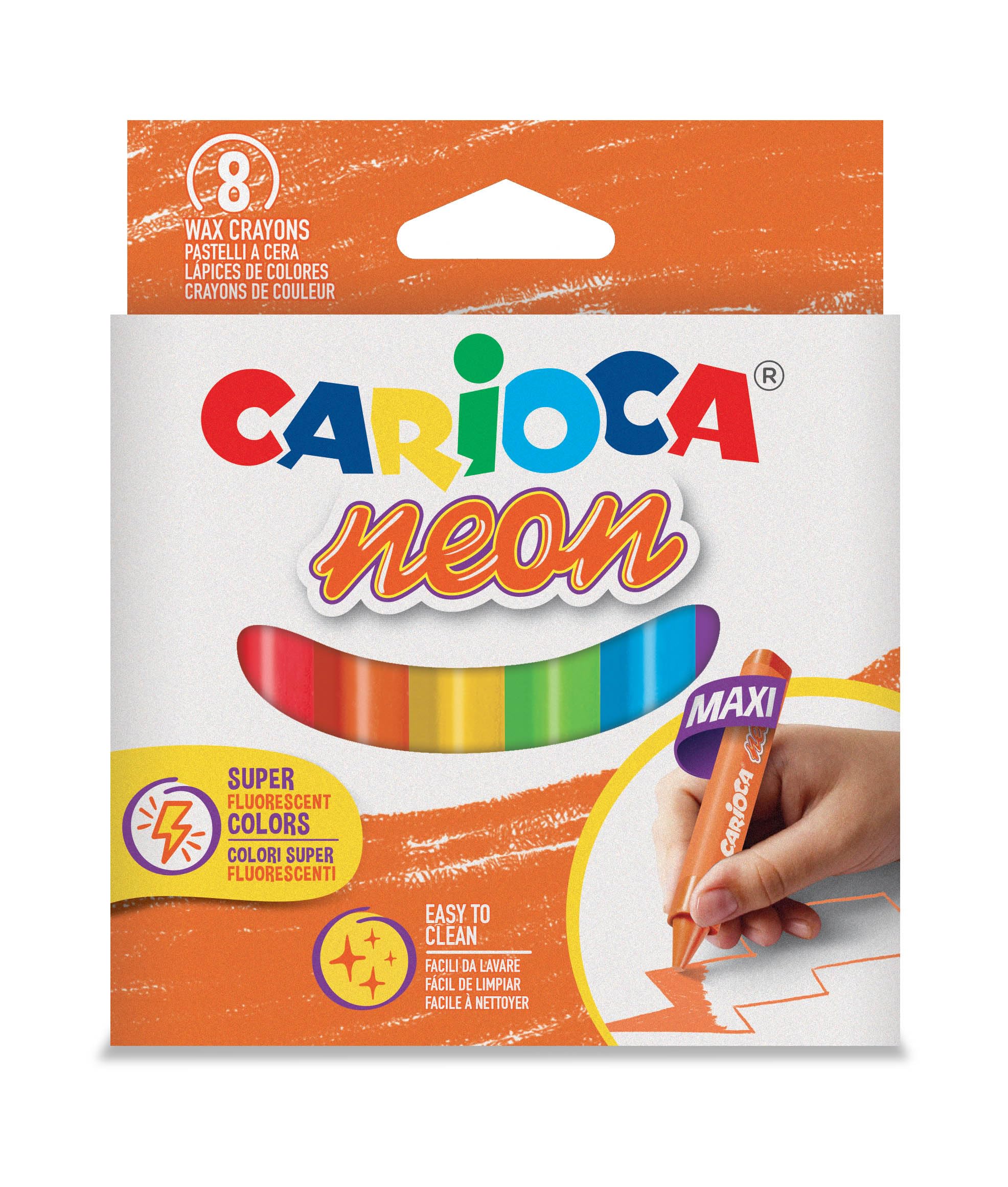 CARIOCA Ceras Neón | Caja de 8 ceras | Cuerpo maxi triangular | Colores cubrientes y fáciles de limpiar | 8 uds