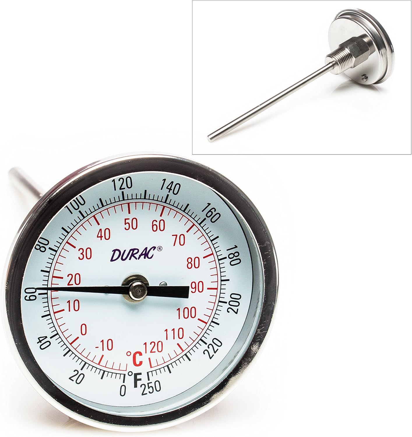 SP Bel-Art, H-B DURAC Bi-Metallic Dial Thermometer; -20 to 120C (0 to 250F), 1/2 in. NPT Threaded Connection, 75mm Dial (B61310-7600)