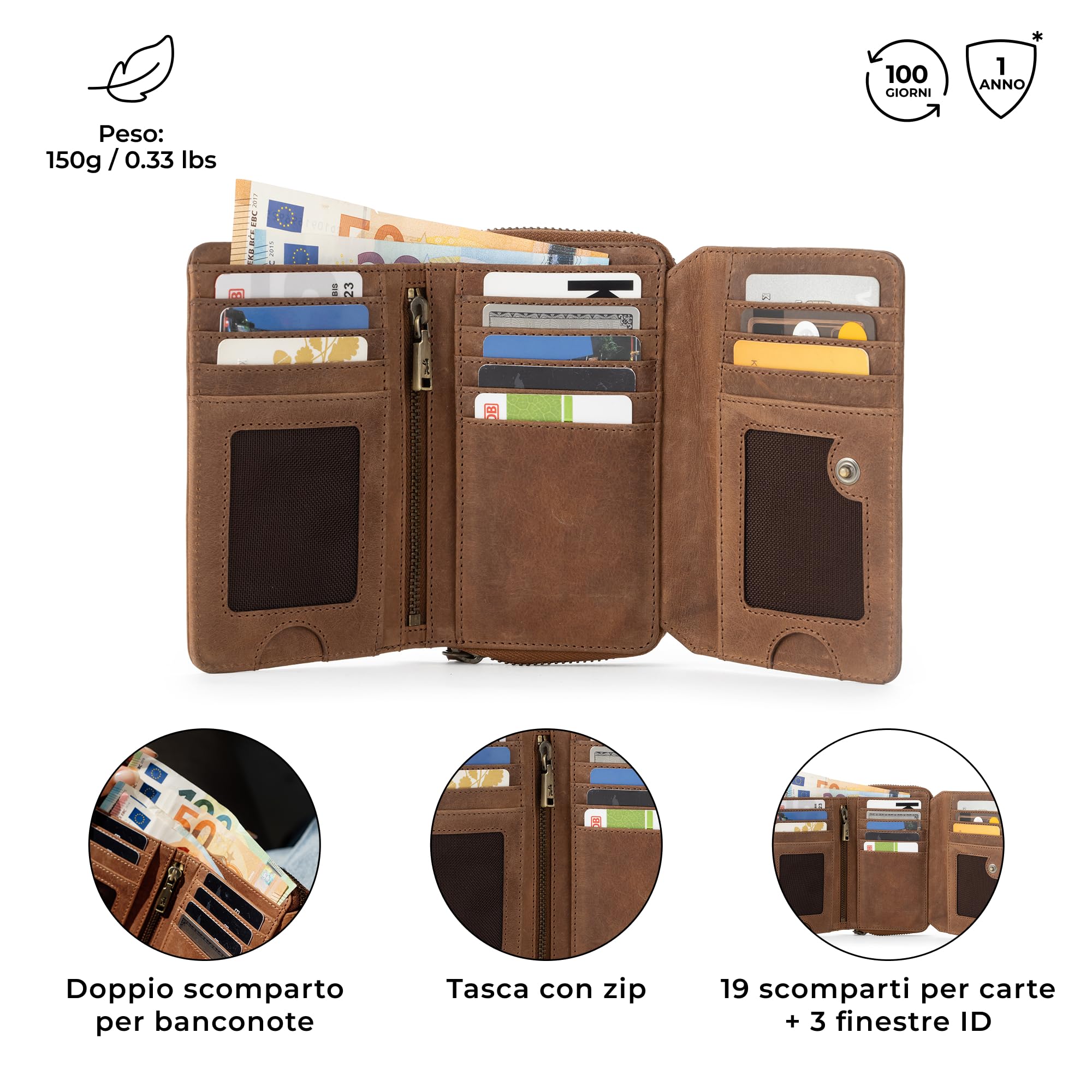 Berliner Bags Portafoglio Donna Vienna in Vera Pelle, Grande con Zip e Portamonete, Protezione RFID, 19 Carte – Marrone