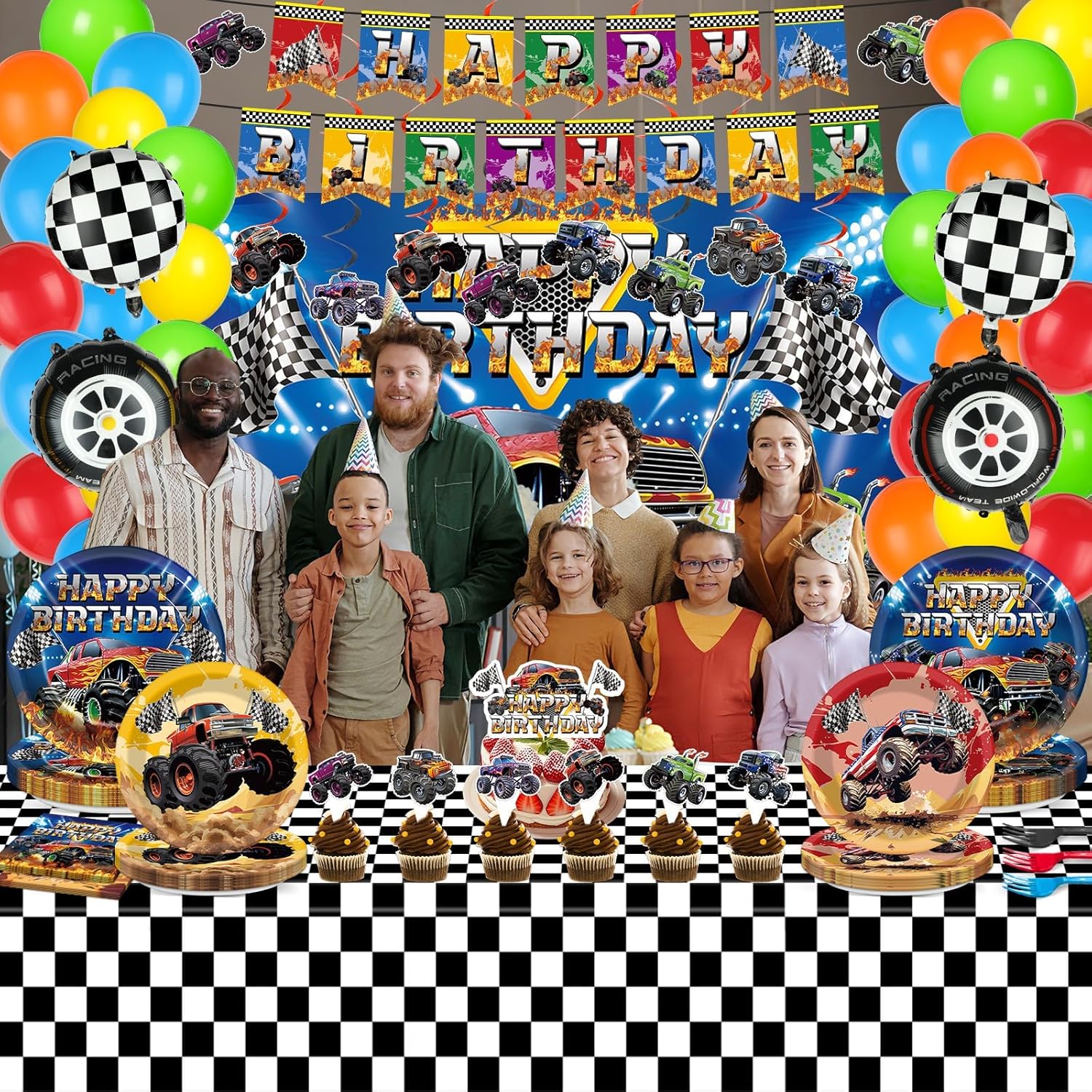 165Pcs Monster Theme Birthday Party Decorations Hot Race Car Tableware Truck Party Plates Napkins Backdrop Tablecloth Banner Balloon Cake Topper Hanging Swirl for Boys Birthday Baby Shower Supplies
