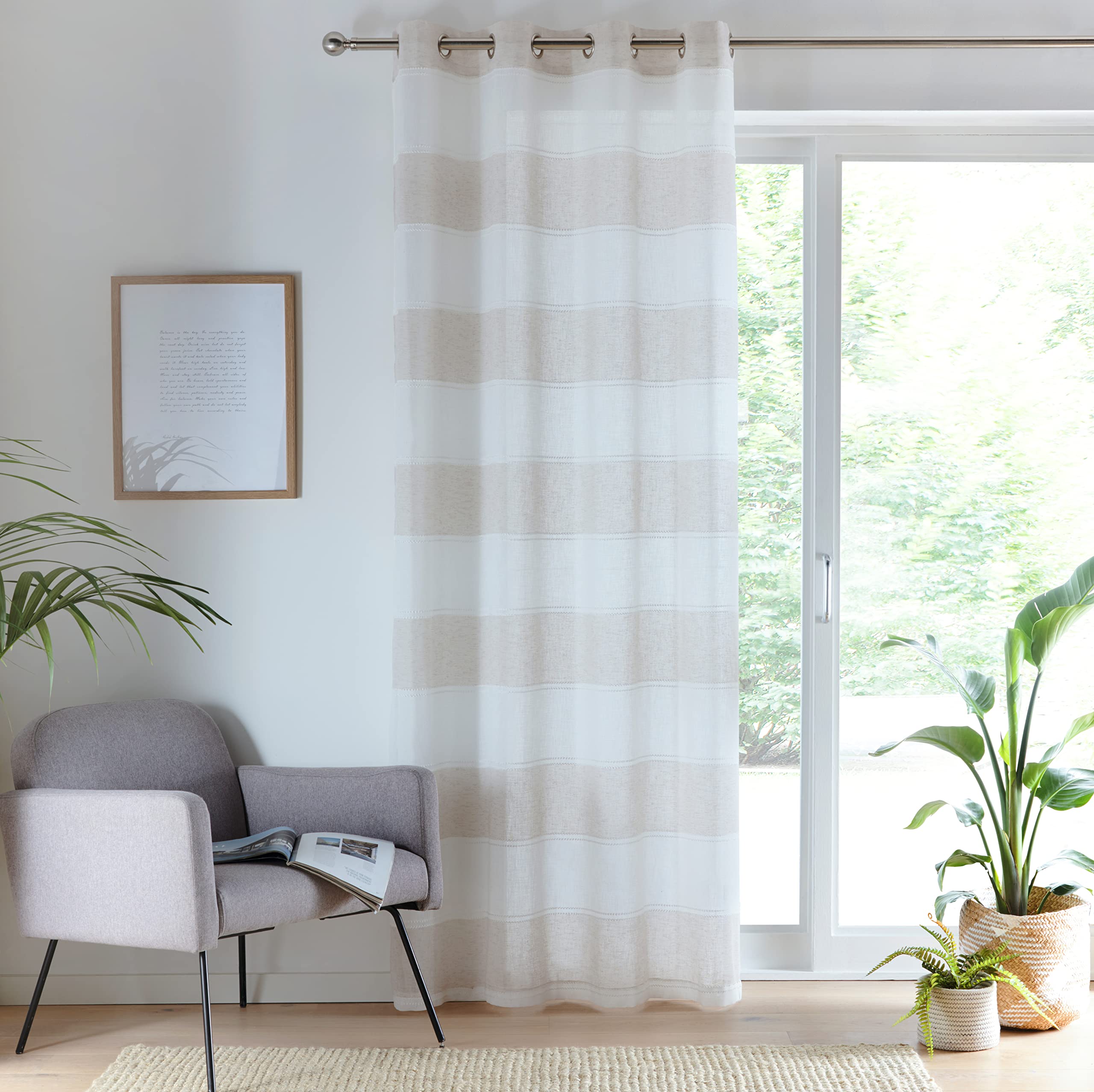 Tyrone Textiles Natural Santorini Voile Panel - Linen Look Panel With Horizontal Coloured Stripes With An Eyelet Header (, Drop - 72" (183Cm))