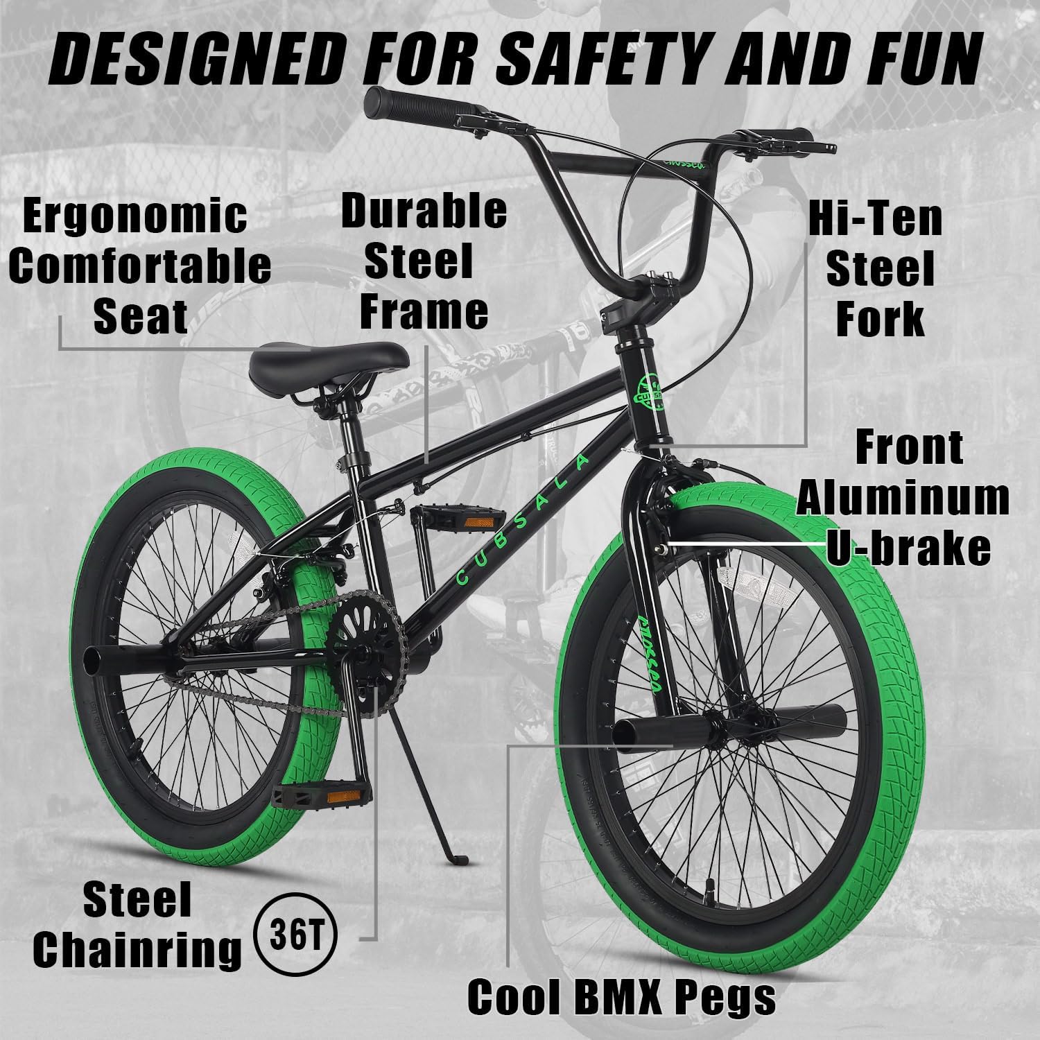 cubsala freestyle bmx bike, 18 20 inch kids bicycle for 5-13 years old kids and beginner level rider, multiple colors black with green tires crossea 20k'' (with pegs)