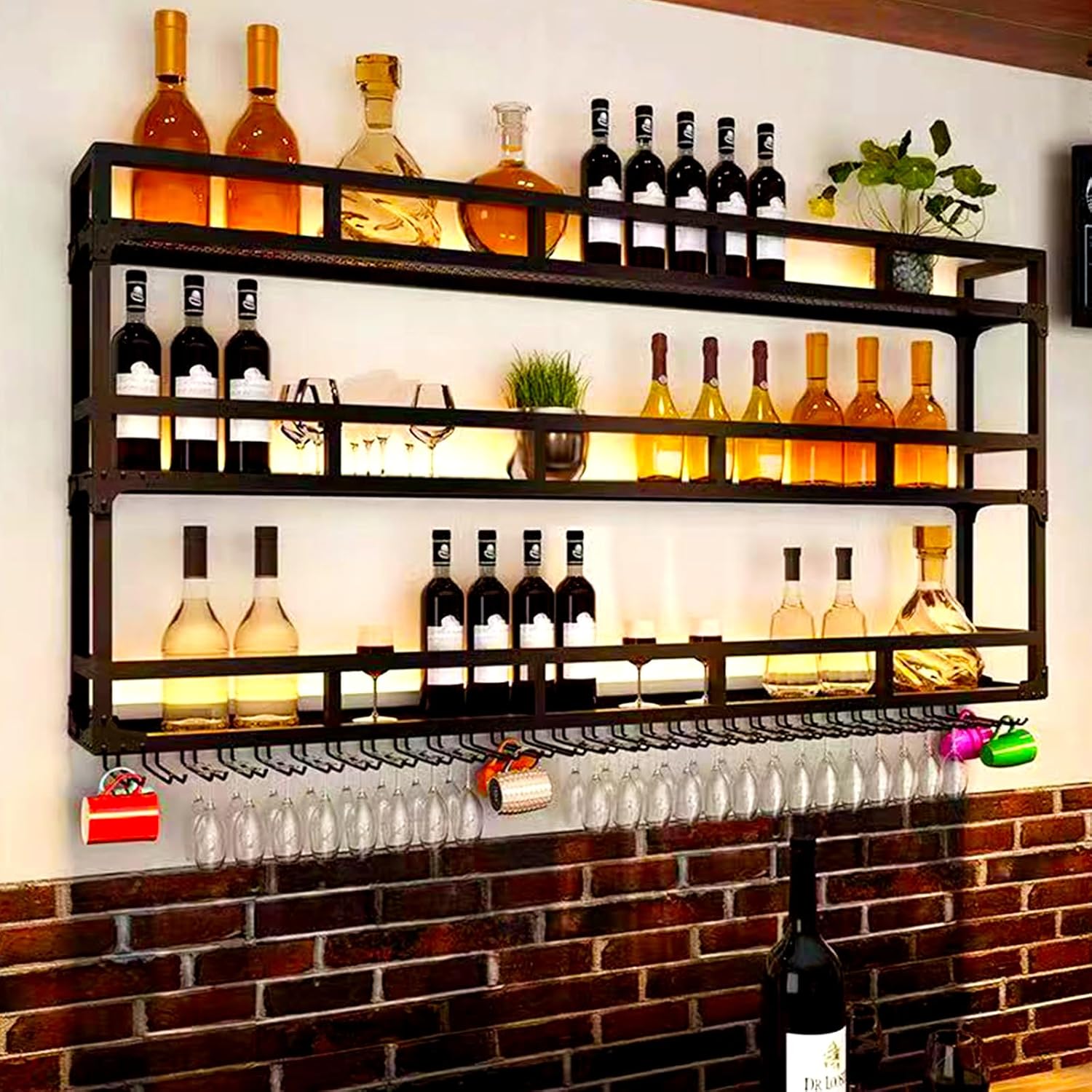 3 Layer Wall Mounted Metal Wine Rack Modern LED Wine Bottle Glass Holder, Liquor Floating Shelves Large Capacity Hanging Goblet Display Shelf for Bar Kitchen Restaurant (Black, 59×9.8×35.4in) Black 59×9.8×35.4in