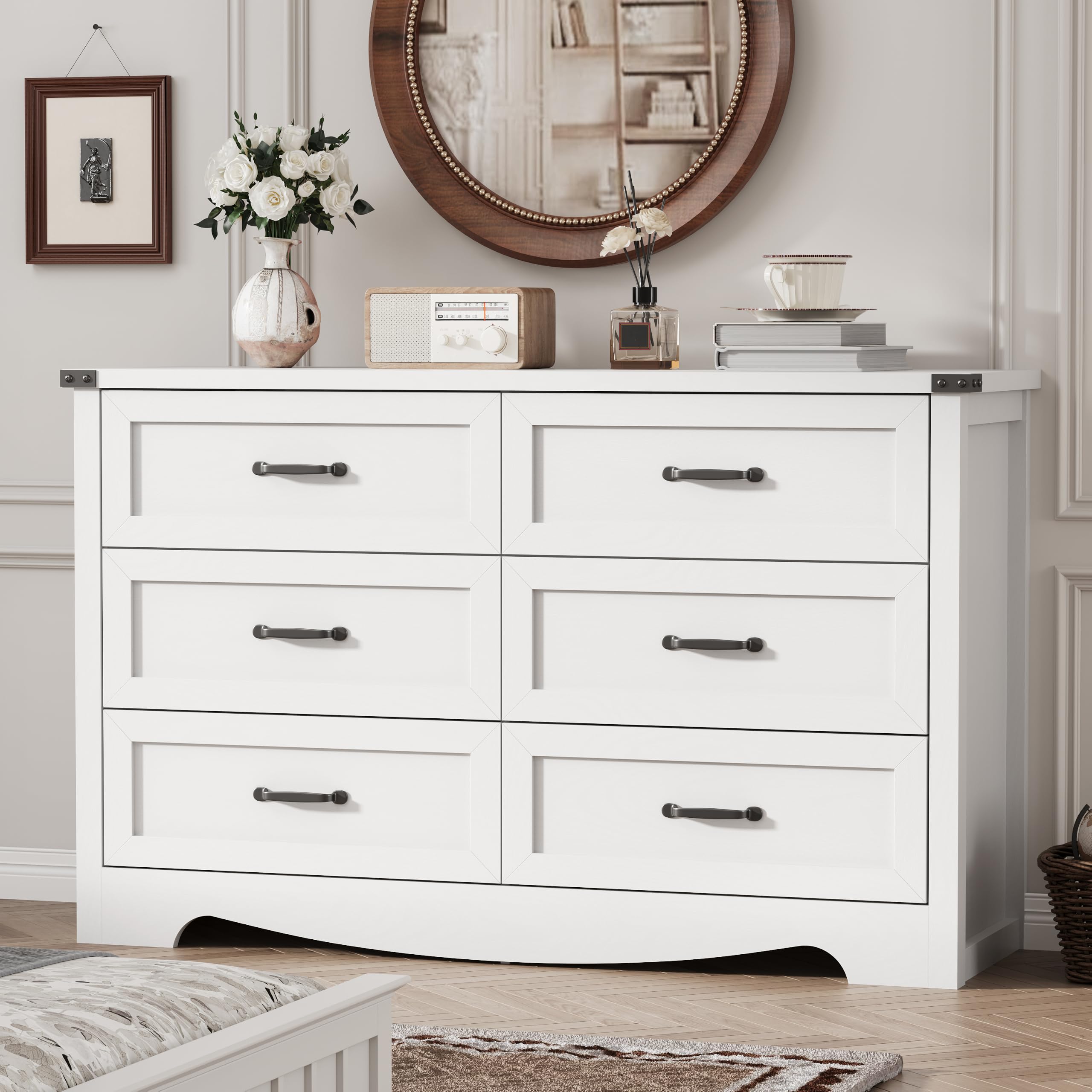 Dresser for Bedroom with 6 Drawers, 54" Wide Wood Chest of Drawers with Deep Drawers &amp; Mental Handle, Modern Dresser TV Stand, Wooden Closet Storage Organizer for Living Room, Hallway, Entryway, White