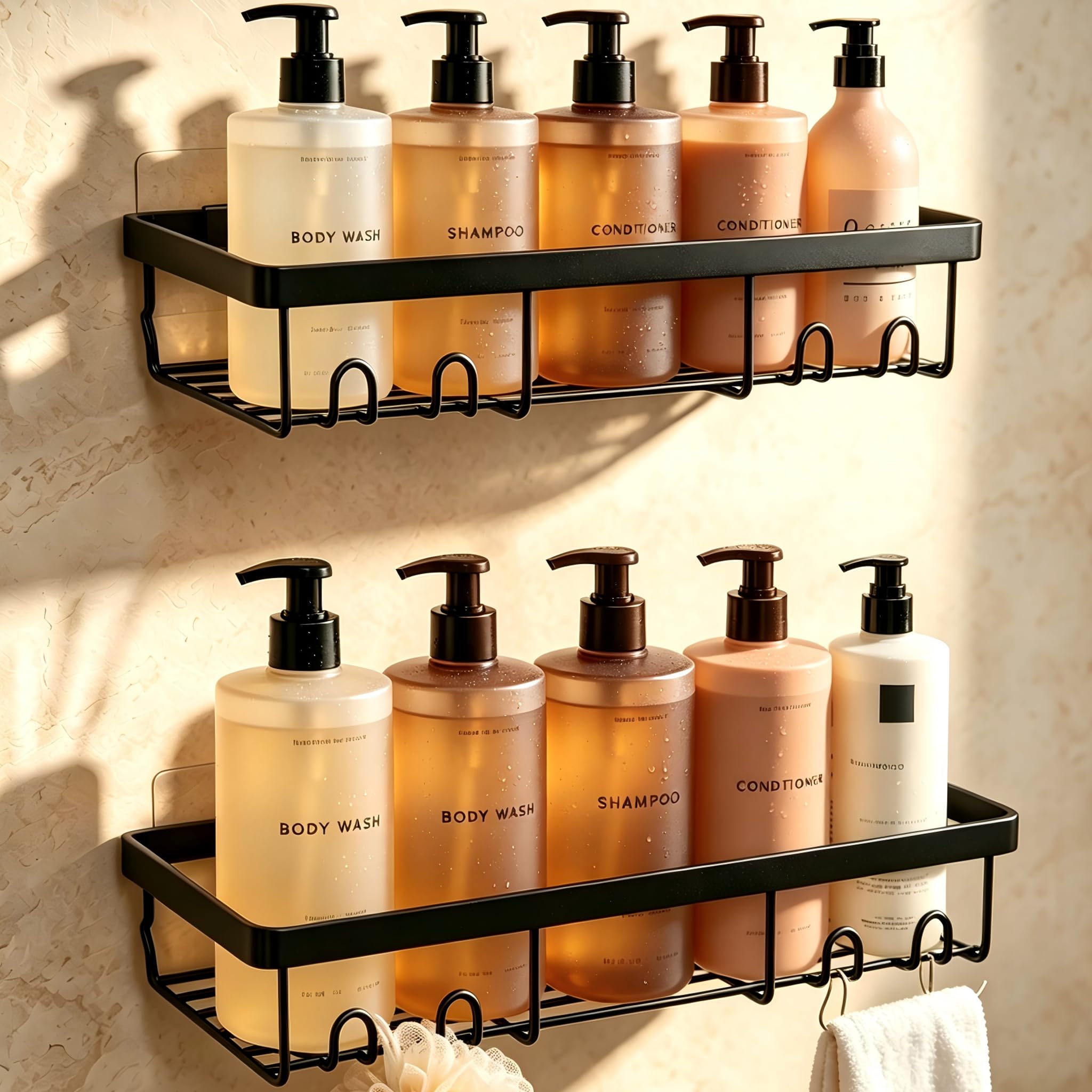 Moforoco Bathroom Accessories with Hooks | Self Adhesive Bathroom Shelf for Wall | Washroom Organiser Made of Strong Quality Metal (Black-Pack of 2)-image-18