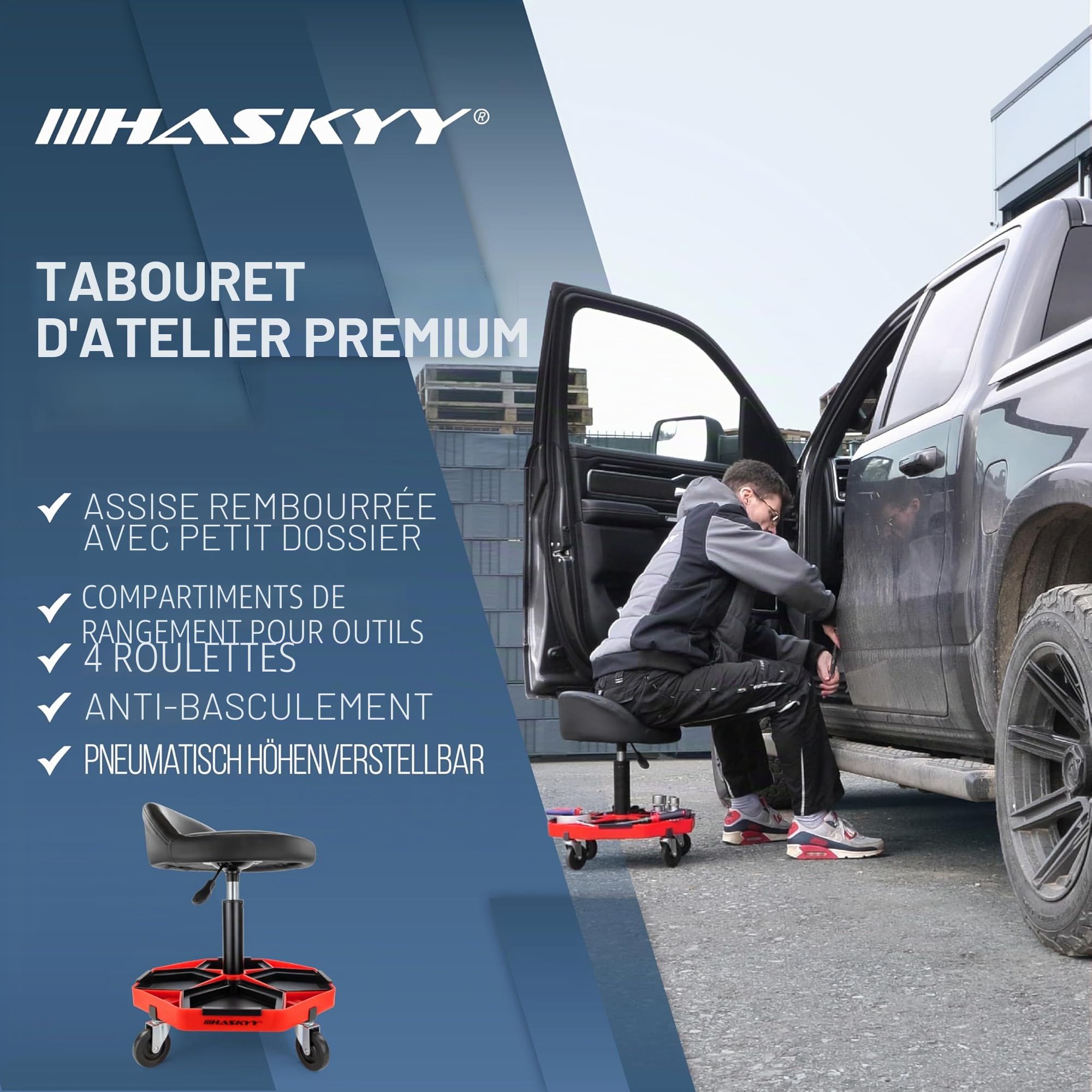 HASKYY Tabouret d'atelier avec dossier - Hauteur réglable de 43 à 58 cm - Charge maximale : 150 kg - Siège d'atelier avec compartiments de rangement - Tabouret pratique et d'atelier avec roulettes à