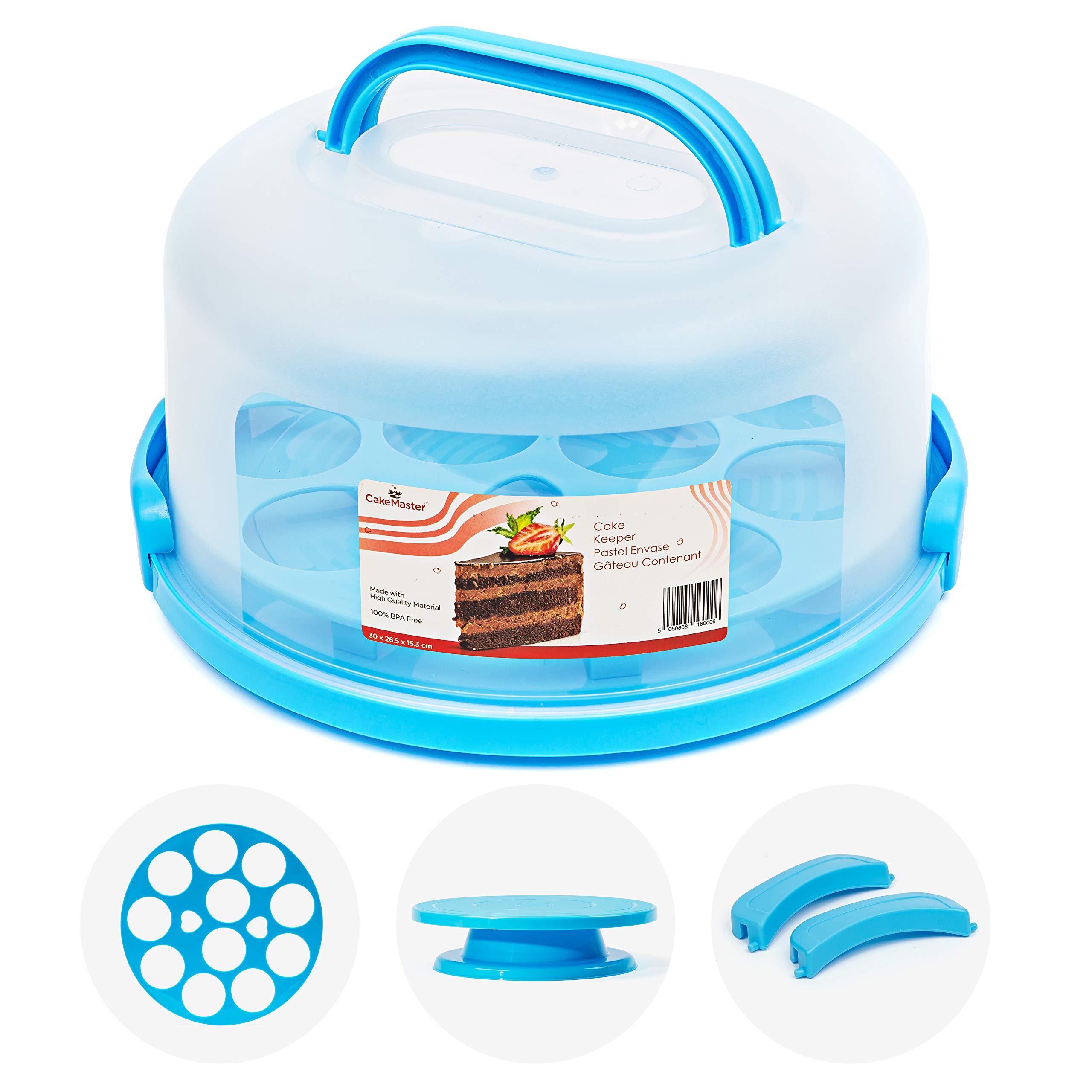 Cake Keeper with Cover & Cupcake Insert - Plastic Cupcake Carrier with Handle - Round Cake Carrier with Lid for Transport 10 inch Cakes - Caddie for Travel & Includes Cake Turntable - BPA-Free