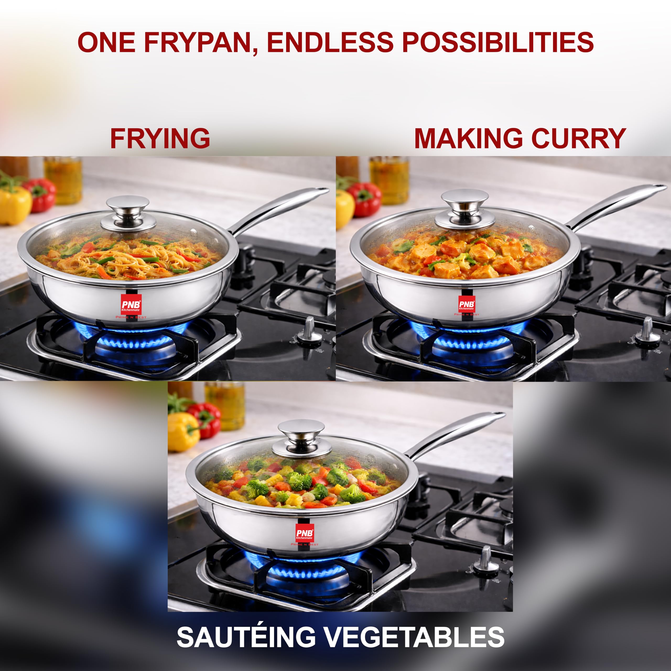 PNB Triply Stainless Steel Frypan with Tempered Glass Lid | 23 cm 2.5 Litre | 3-Ply Induction Gas Compatible | PFOA Free Healthy Cookware | 5 Year Warranty | Family Frying Pan for 3-4 Persons — Amazon image 8