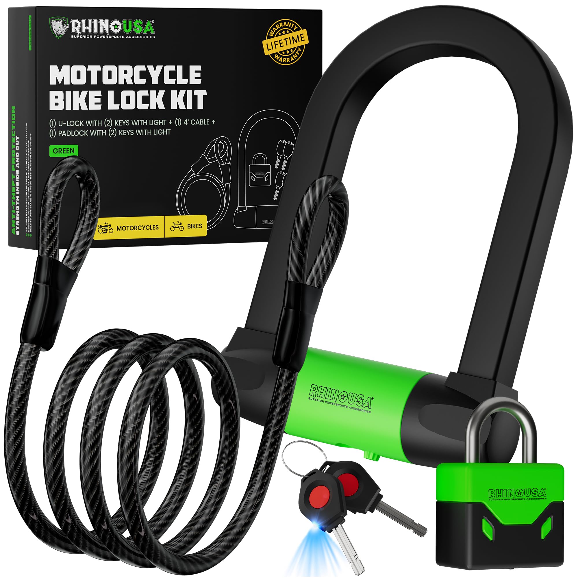Rhino USA Bike Lock Set - Heavy Duty Anti Theft U Lock, 4FT Steel Security Cable, Padlock, 4 Lighted Keys. Dual Purpose Locks for EBike, Motorcycle,