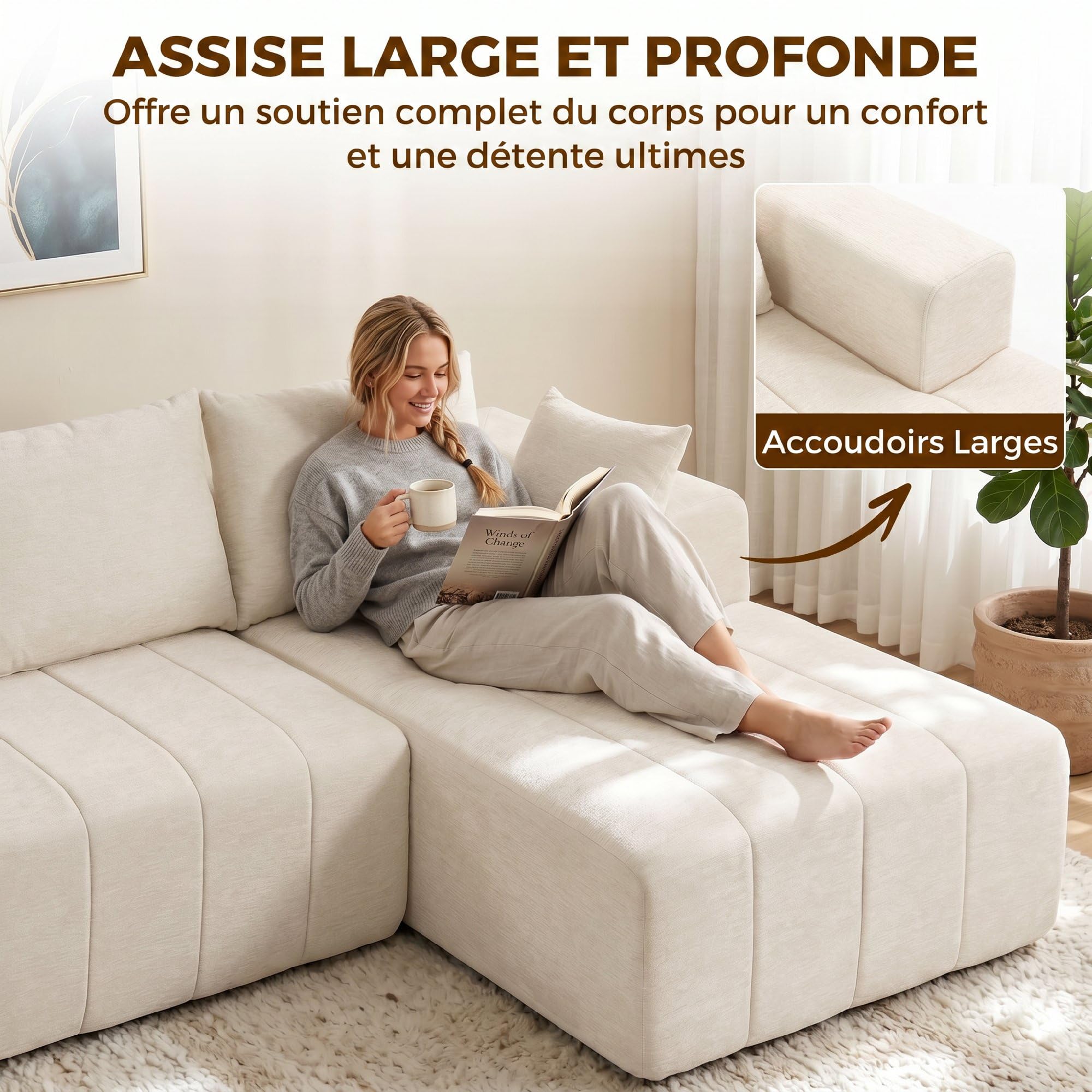 HOMCOM 101" Sofá seccional con Chaise Longue, Chenille, 3 plazas, Beige