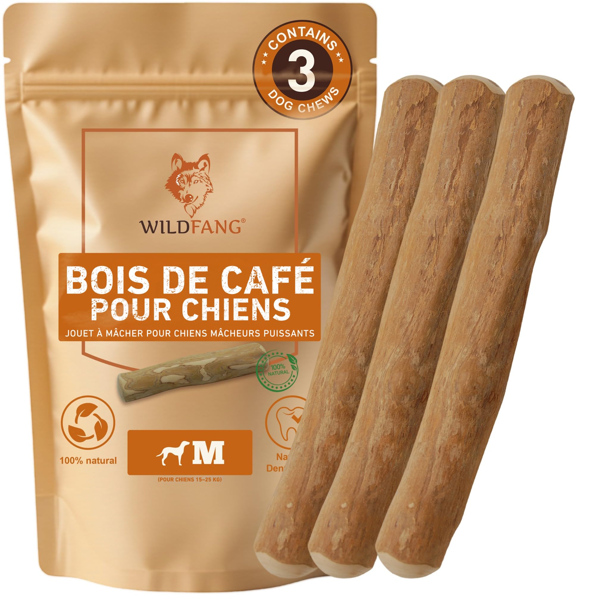 Wildfang® Bois de Café Naturel pour Chien, M – Jouets à Mâcher Robustes pour Mâcheurs Agressifs, Jouets de Dentition pour Chiot, Entraînement des Muscles de Mastication, Chiens de 15 à 25 kg, lot de 3