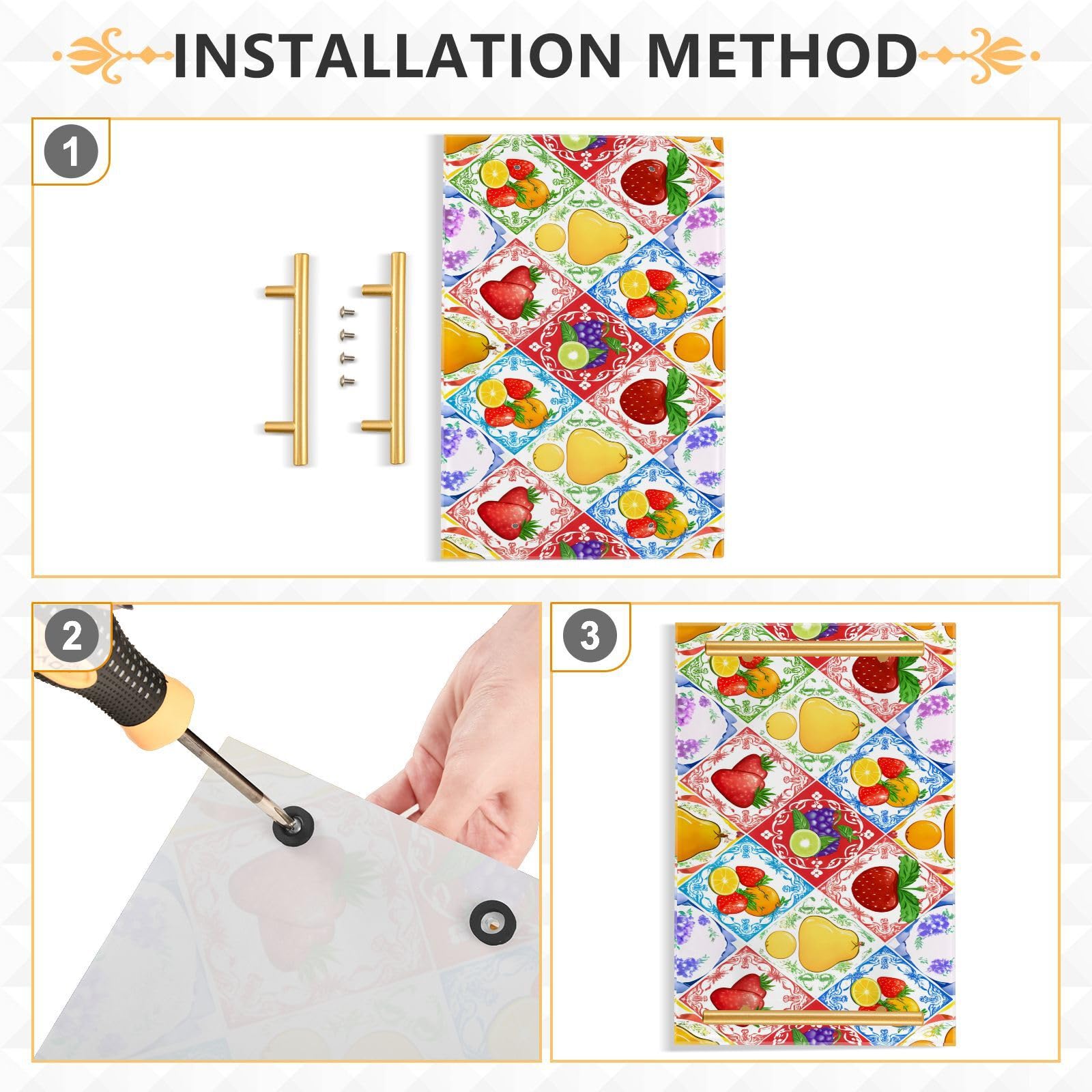 GUIJI Fruit Patchwork Acrylic Tray, Perfume Cosmetic Jewelry Decorative Trays Bathtub Organizer, Living Room Kitchen Serving Tray with Gold Handles