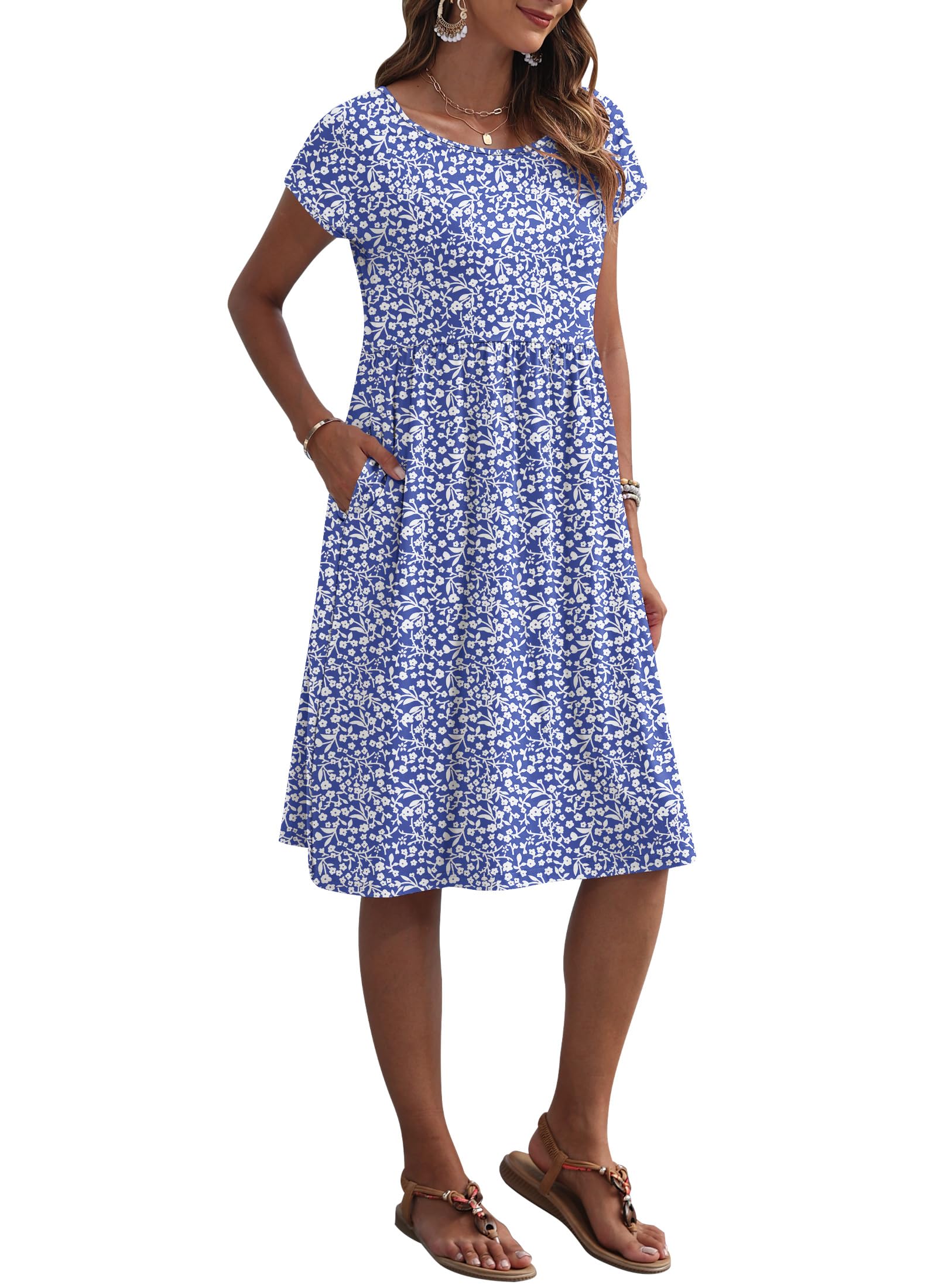 AUSELILY Vestido Verano Manga Corta hasta la Rodilla para Mujer Vestidos Holgado con Cuello Redondo y Bolsillos