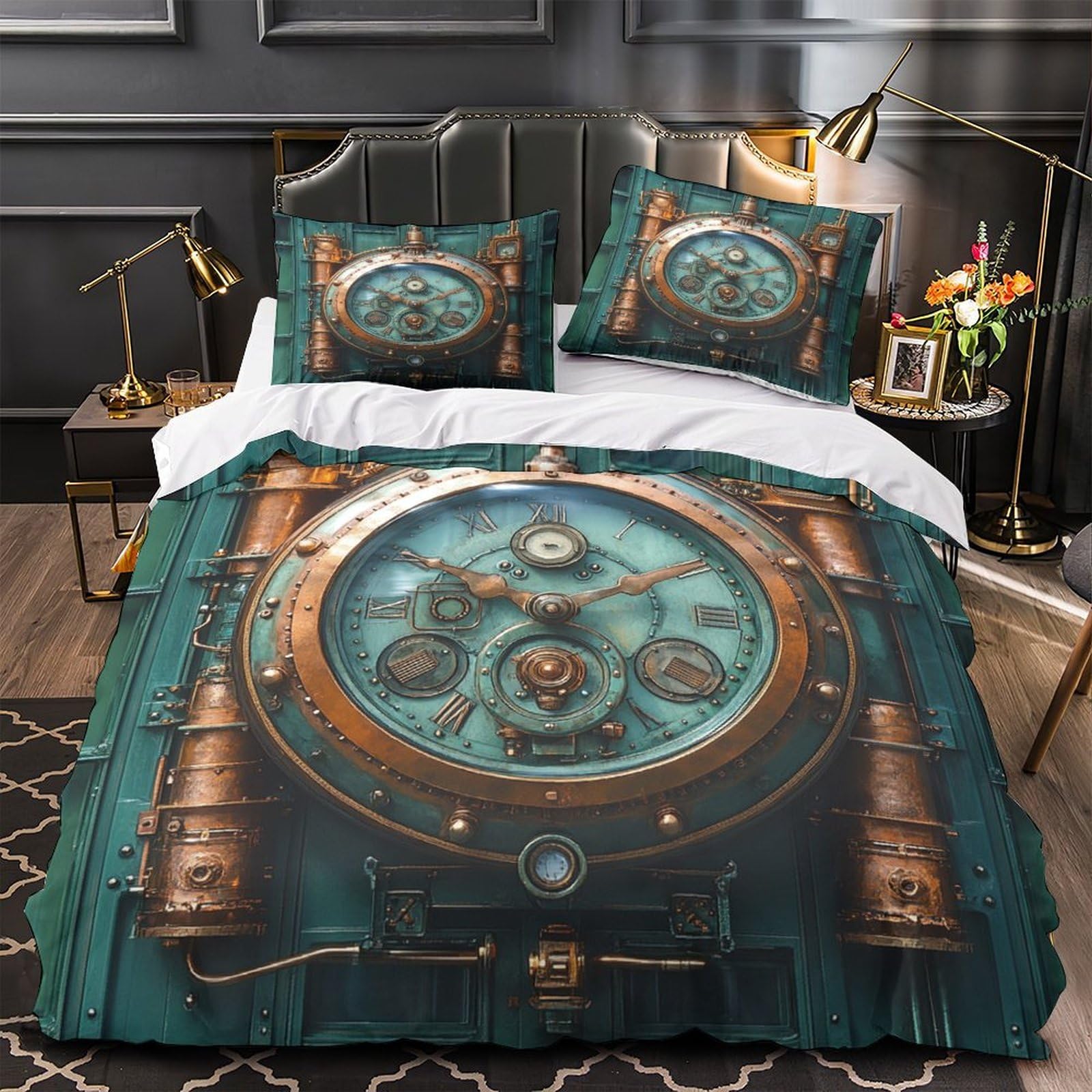 MMDASBVPE Steampunk Clock Quilt Cover 3D Design Printed Wrinkle-Resistant 3 Piece Bed Linen Zipper Duvet Cover Luxurious Anti-allergic for Adults Women Kids Youth Teens Girls King（220x240cm）