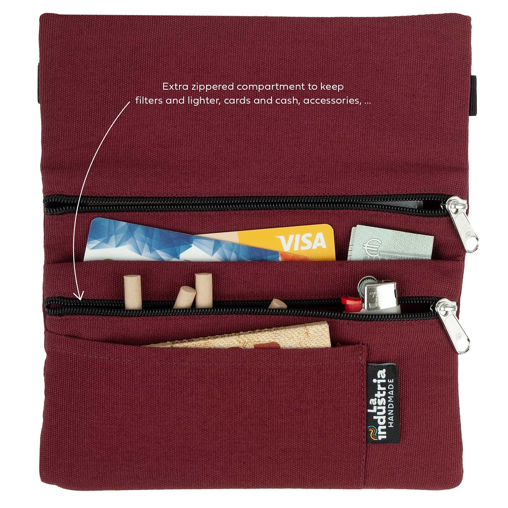 Tabaktasche für Drehtabak, Filter, Blättchen und Feuerzeug - Tabakbeutel mit extra Reißverschlussfach für Handyzubehör, EC-Karten, Bargeld ...