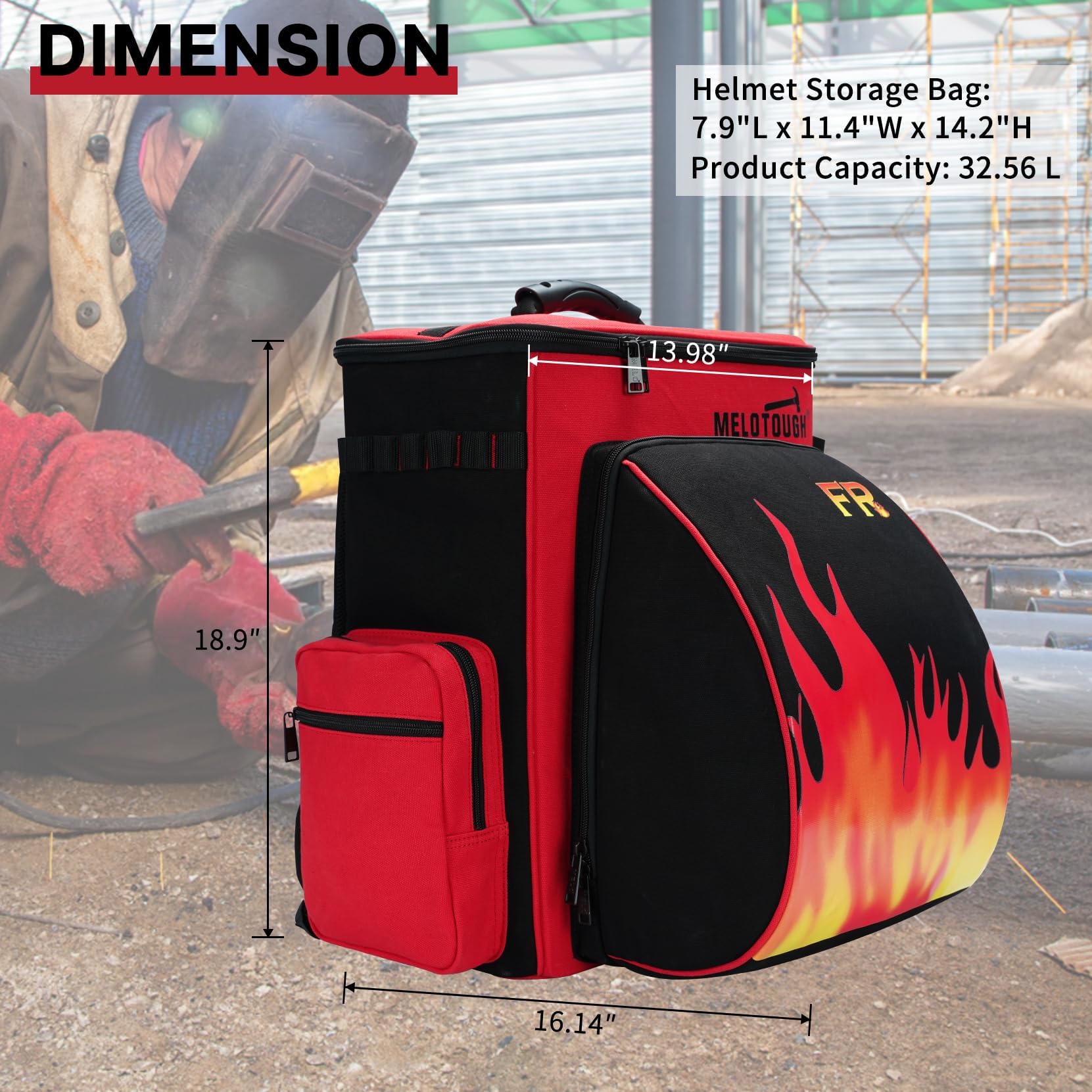 MELOTOUGH Mochila de soldadura de tela resistente al fuego, 32,56 L, bolsa de soldadura de gran capacidad para herramientas y casco, mochila de soldador multiusos con almacenamiento múltiple y