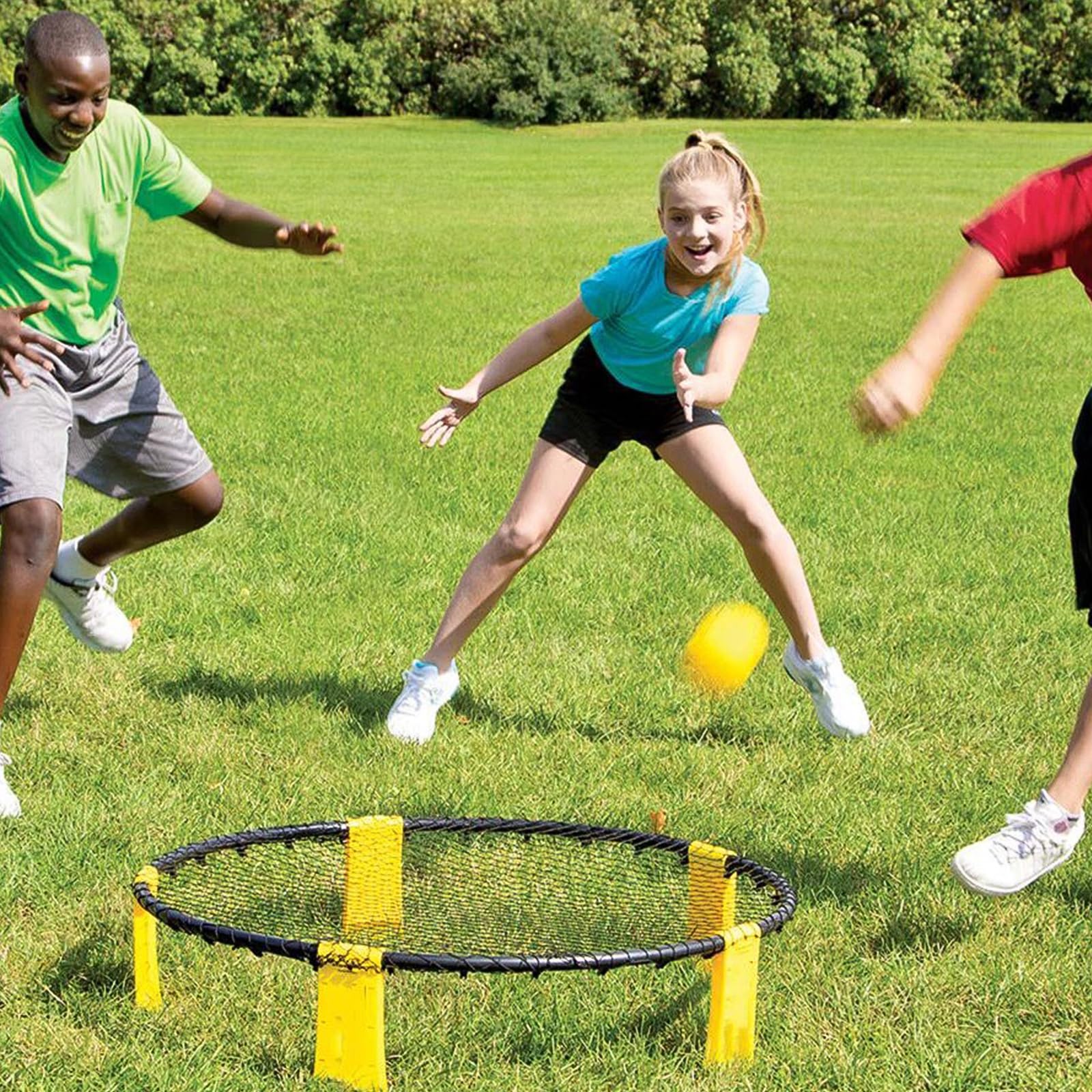 Relaxdays Roundnet Set With 3 Balls, Pump & Carry Bag, Outdoor Game For Beach, Garden, Park, Black/Blue, 20x93x93 Cm