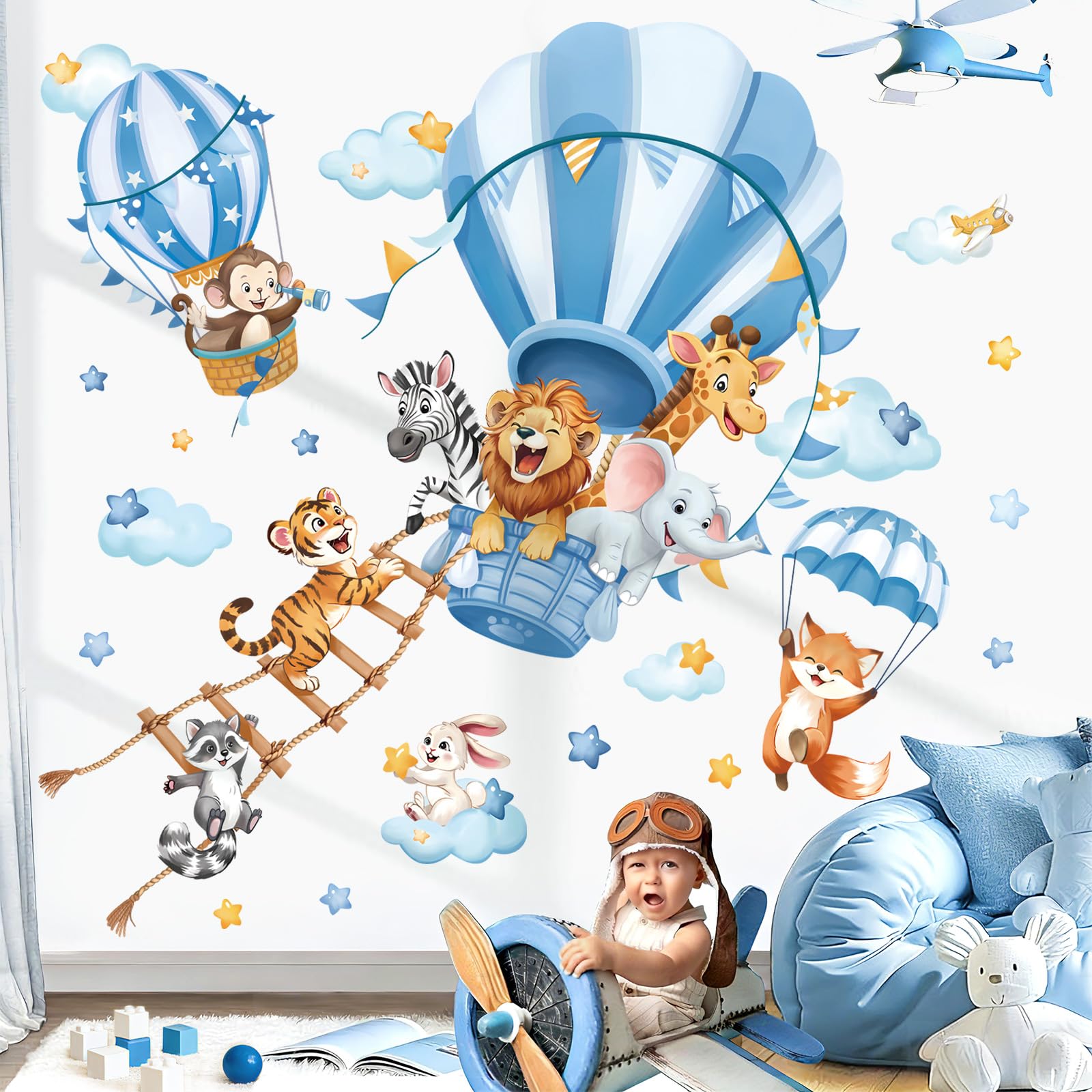decalmile Stickers Muraux Animaux Montgolfière Bleu Autocollant Mural Lion Éléphant Singe Nuages Étoile Décoration Murale Chambre Salle de Jeux Bébé Pépinière
