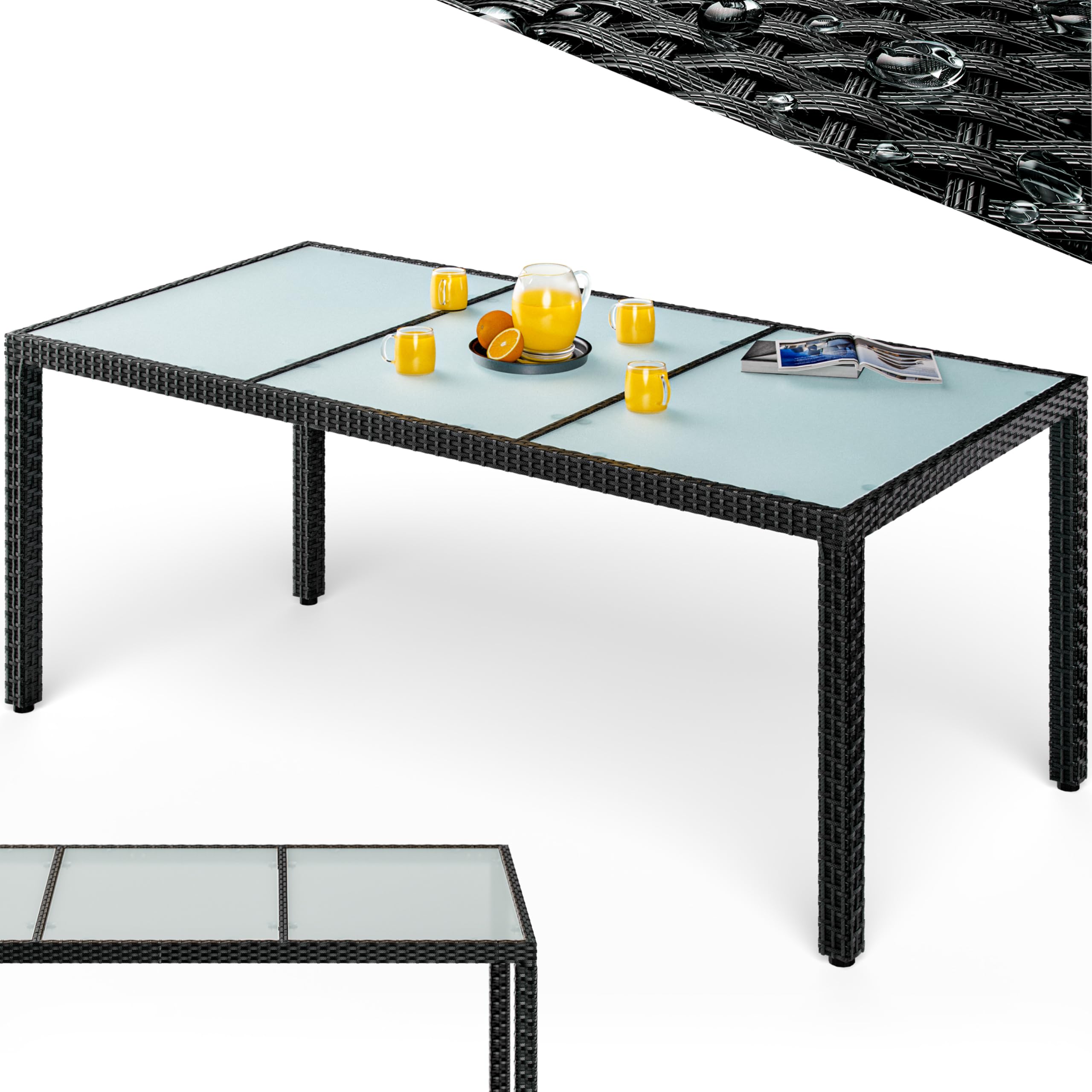Casaria® Gartentisch Wetterfest 190x90x75cm Polyrattan Höhenverstellbar 5mm Sicherheitsglas Garten Terrasse Esstisch Outdoor Tisch Gartenmöbel Schwarz
