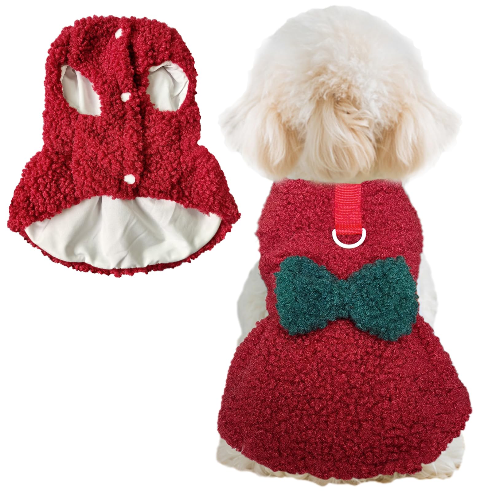 Jecikelon Hundepullover mit Fliege, für den Winter, warme Welpenkleidung für kleine Hunde, D-Ring, Haustierkleidung, Größe S, Rot