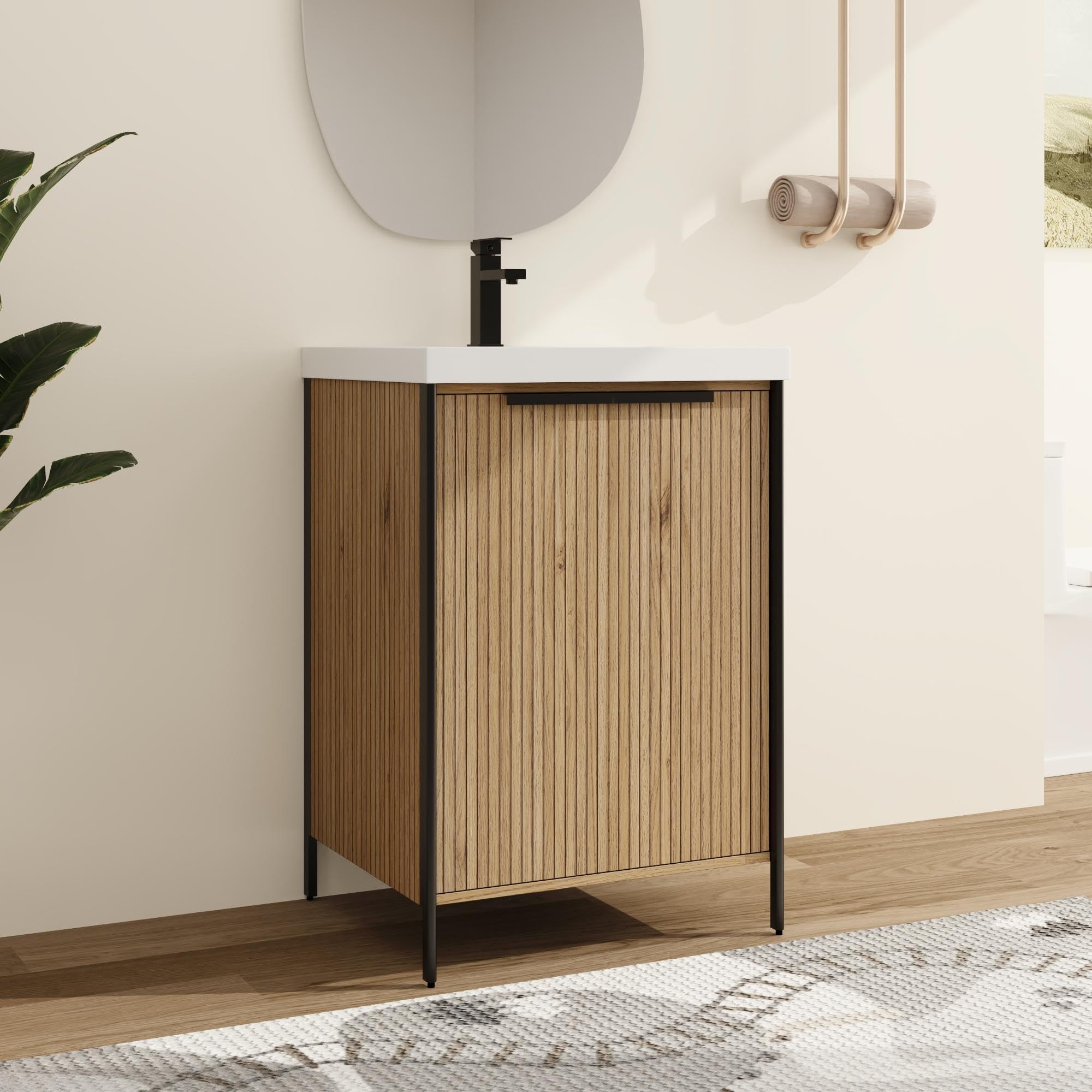 NO TOPMalwee 24 Inch Freestanding Bathroom Vanity with Sink, 24'' Floor Stand Bathroom Vanity Combo, Modern Cabinet Set with 2 Doors and White Resin Basin Top (MA105-24)