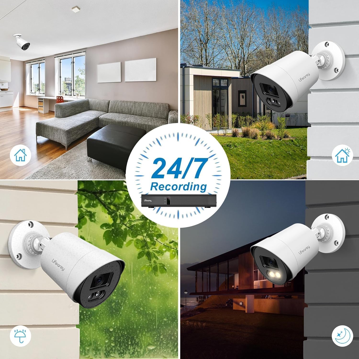 Four panels showing the camera in different environments (indoor, outdoor day, outdoor rain, outdoor night) with a '24/7 Recording' icon in the center.