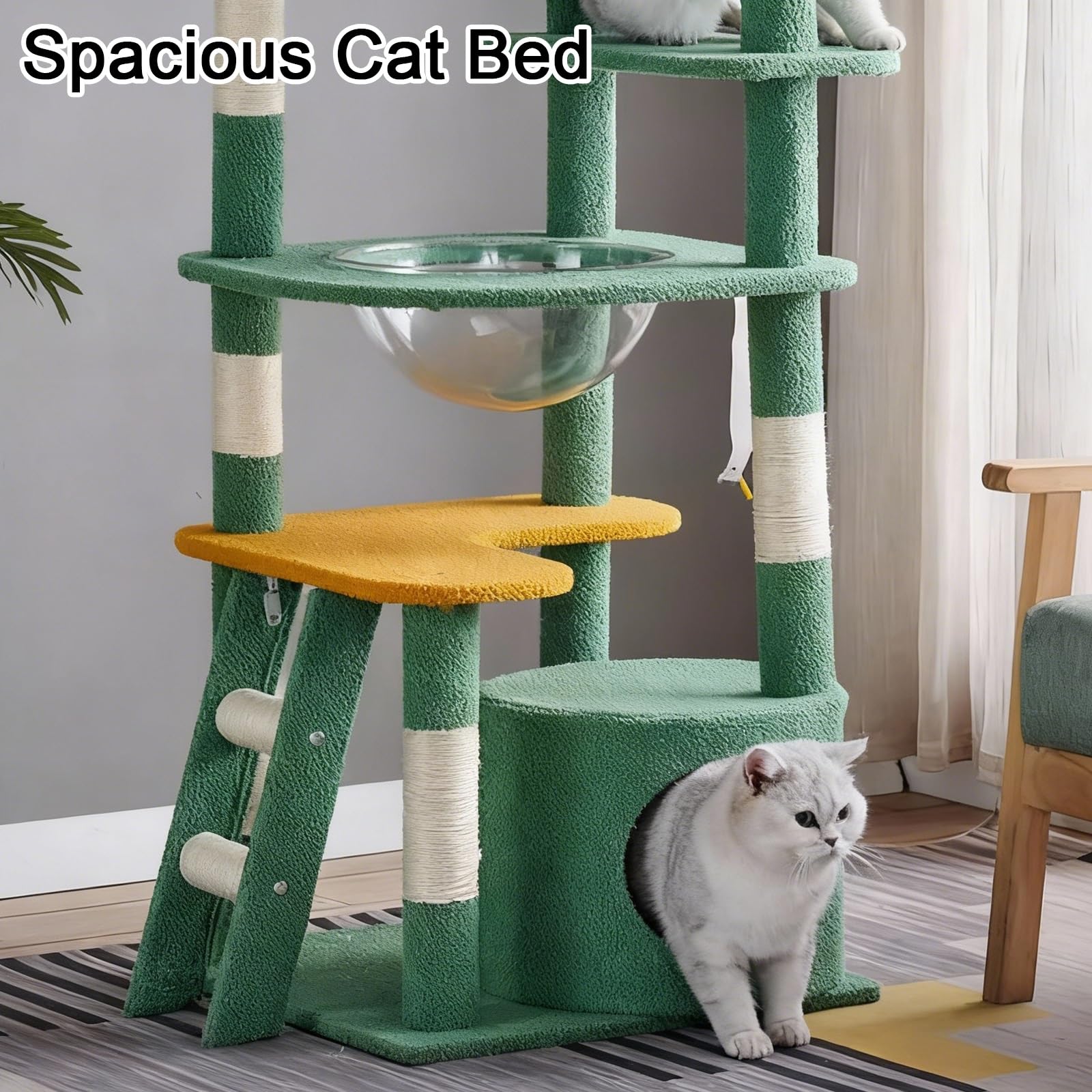 Tiragraffi a Forma di Cactus con Capsula Spaziale Tiragraffi per Gatti Include Colonna in Sisal Cuccia e Scaletta Robusta Base con Pallina Giocattolo Cuccia Spaziosa con Elevata Capacità di Carico