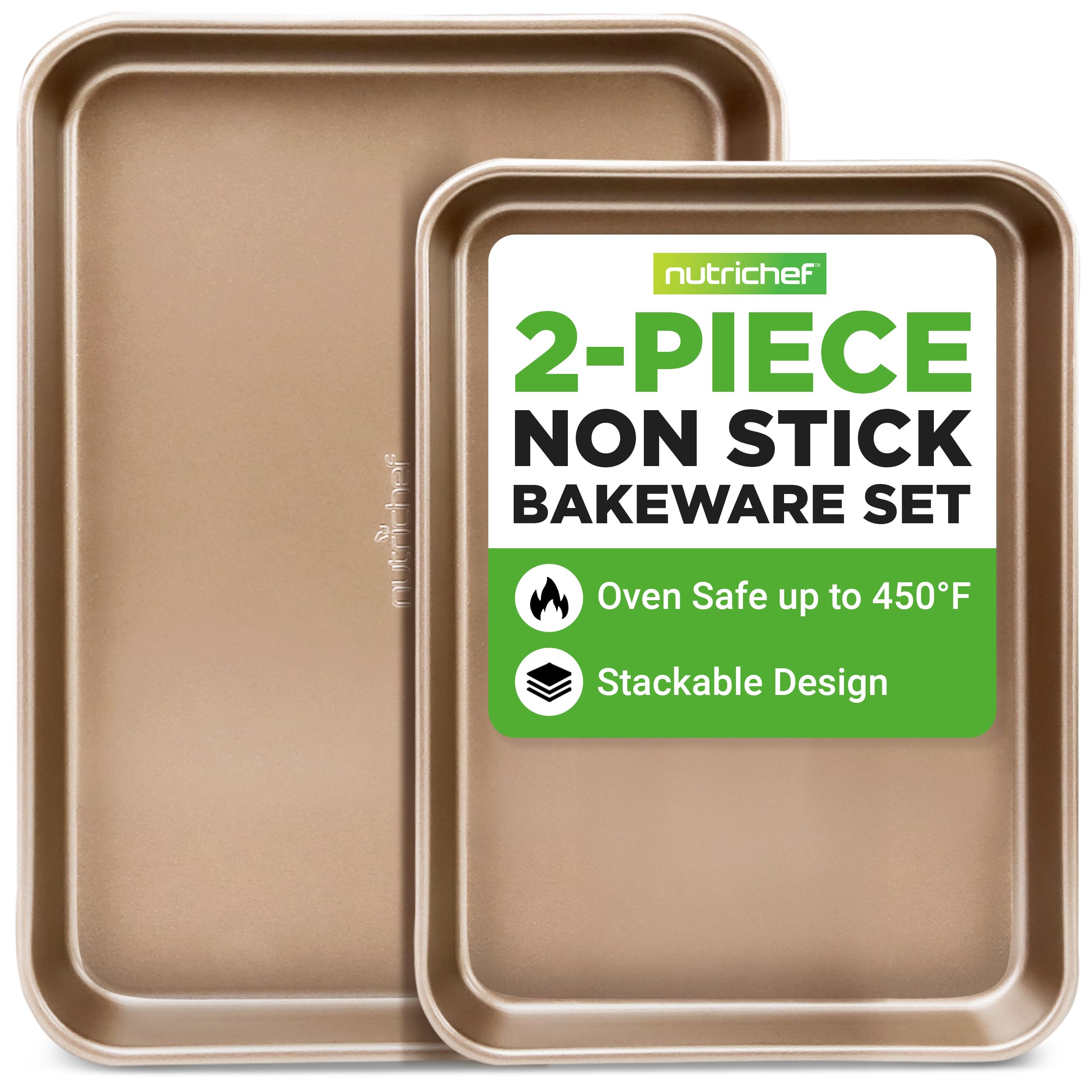 NutriChef 2-Piece Nonstick Stackable Cookie Sheet Set – Non-Toxic Carbon Steel Baking Pans – Heavy Duty, Warp-Resistant, Easy to Clean, Oven & Dishwasher Safe Bakeware