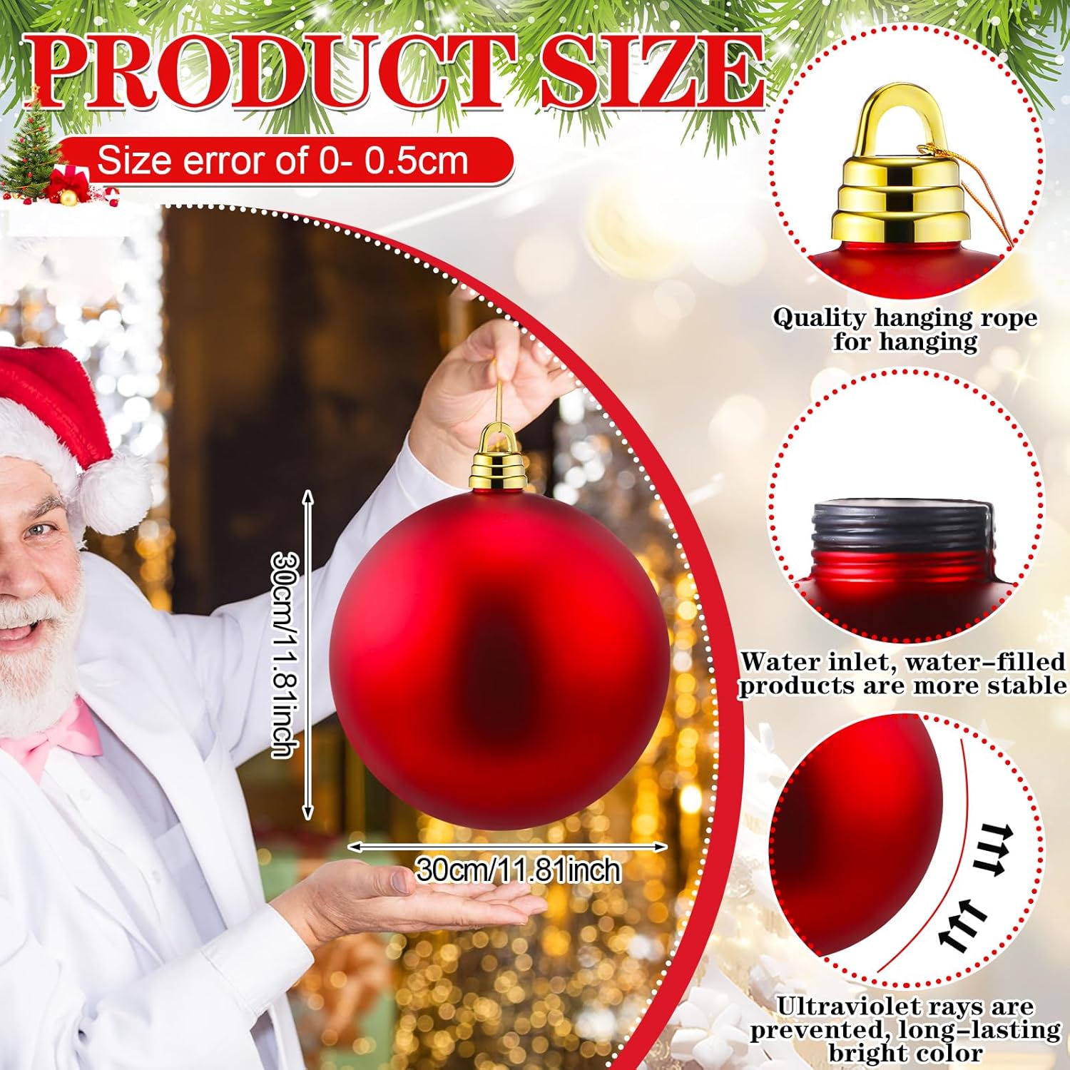 12 Inch Large Red Christmas Ball Ornaments Giant Oversized Plastic Matte Christmas Ball Decorations Shatterproof UV Hanging Ornament for Xmas Tree Front Door Outdoor Indoor Hanging Decor 12 Inch Matte Red