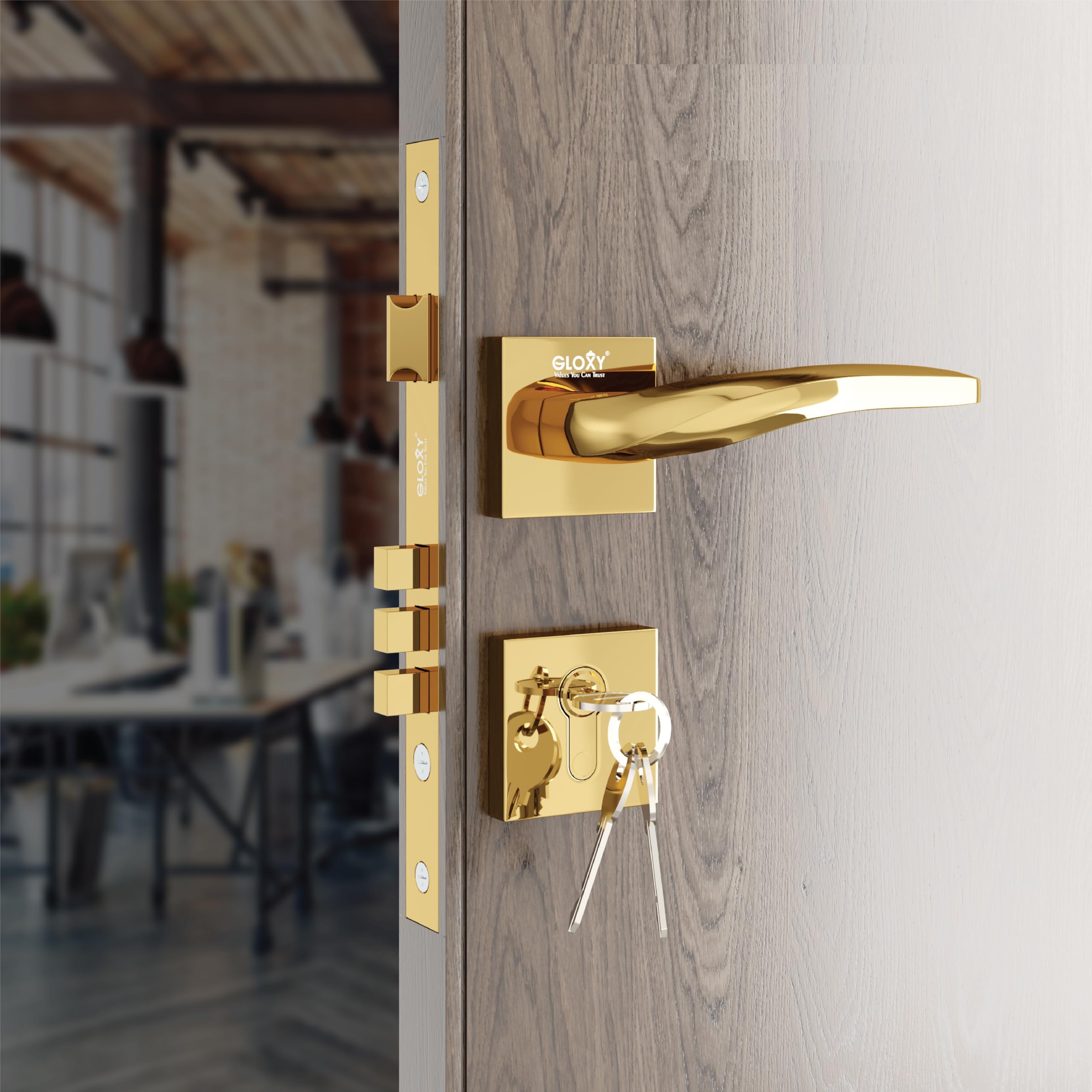 GLOXY Zinc Door Locks for Main Door, Mortise Door Lock, DoorLock Set with 3 Brass Keys, Bedroom Door Lock, Handle Lock for Home,Office,Hotel | Gold Finish (2 Years Warranty, Pack of 1)