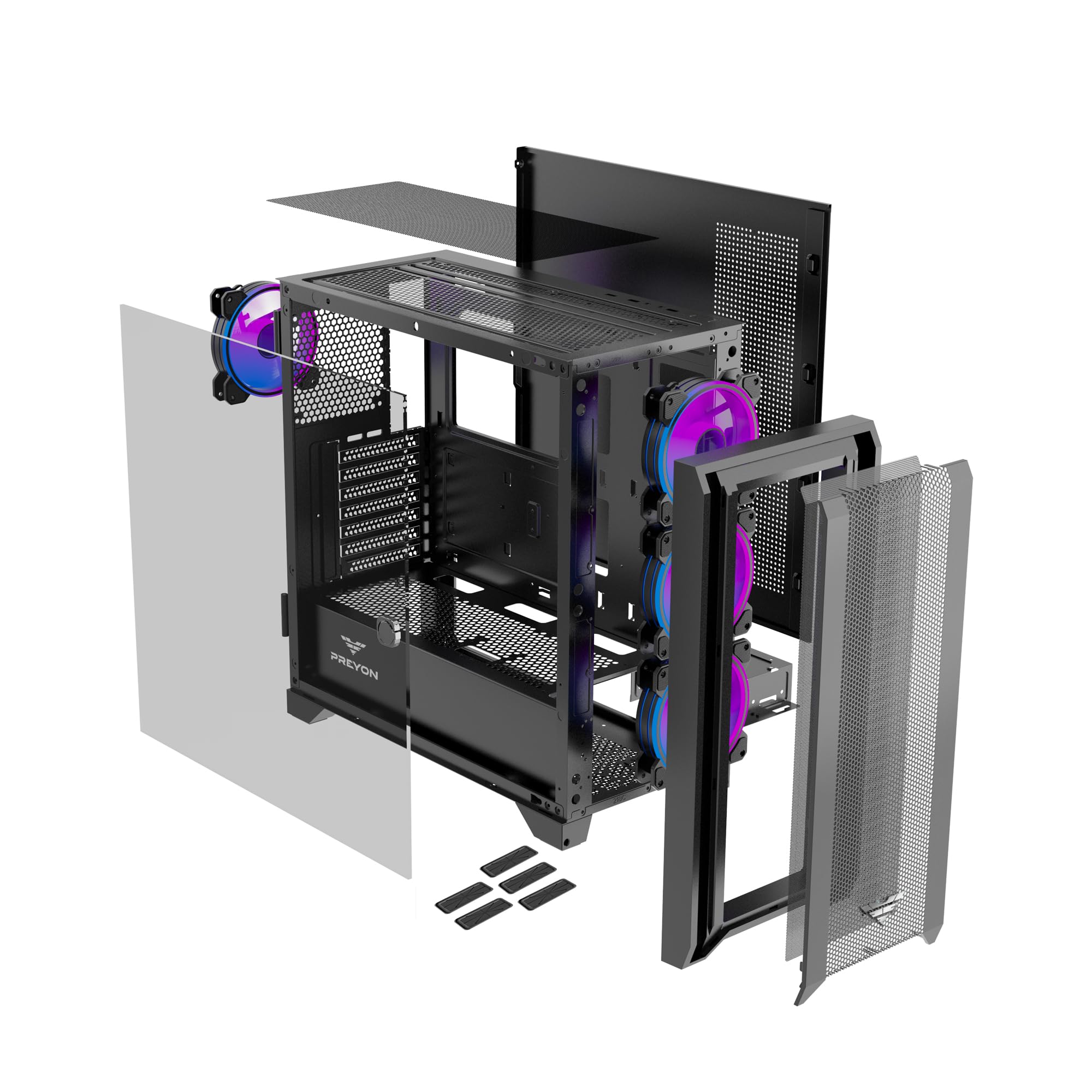 PREYON Nest Windy+ - Case per PC nera con parte anteriore in rete, 4 ventole ARGB da 120 mm, controller ARGB, parete laterale in vetro, compatibilità ATX/Micro-ATX/Mini-ITX, USB-C