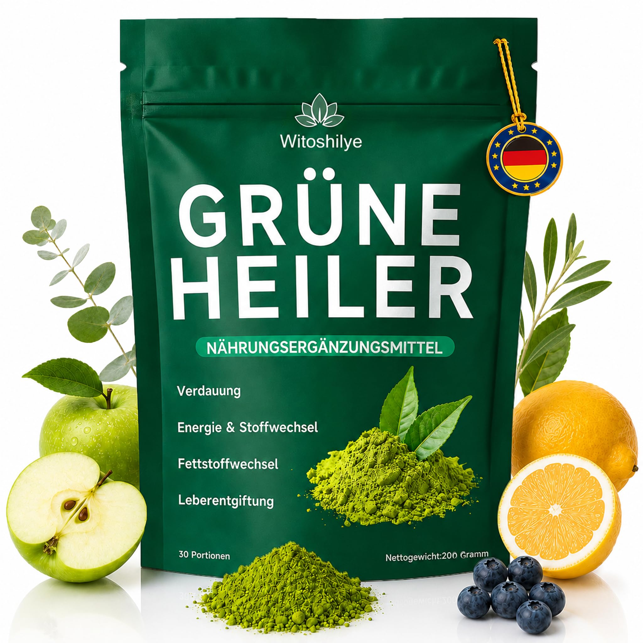 Grüne Entgiftungspulver Helfer 𝐆𝐫ü𝐧𝐞𝐬 𝐒𝐮𝐩𝐞𝐫𝐟𝐨𝐨𝐝 𝐏𝐮𝐥𝐯𝐞𝐫 Helfer 200g mit Pflanzenstoffen – Matcha, Gerstengras & Spirulina,Heidelbeeren,Reich an Ballaststoffen Micronutrients & Vegan