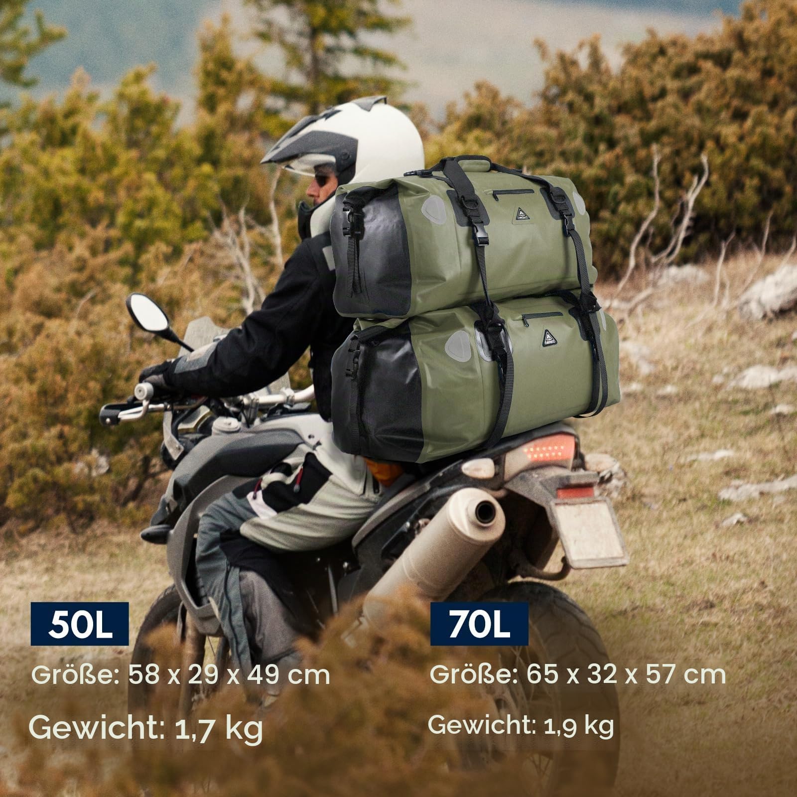 Wasserdichter Rucksack Dry Bag | wasserdichte Reisetasche Rucksack | Roll Top Seesack Wasserdicht für Camping, Motorrad Wasserfeste Tasche, wasserdichte Bootfahren, Kajakfahren, SUP, Army Green, 70L